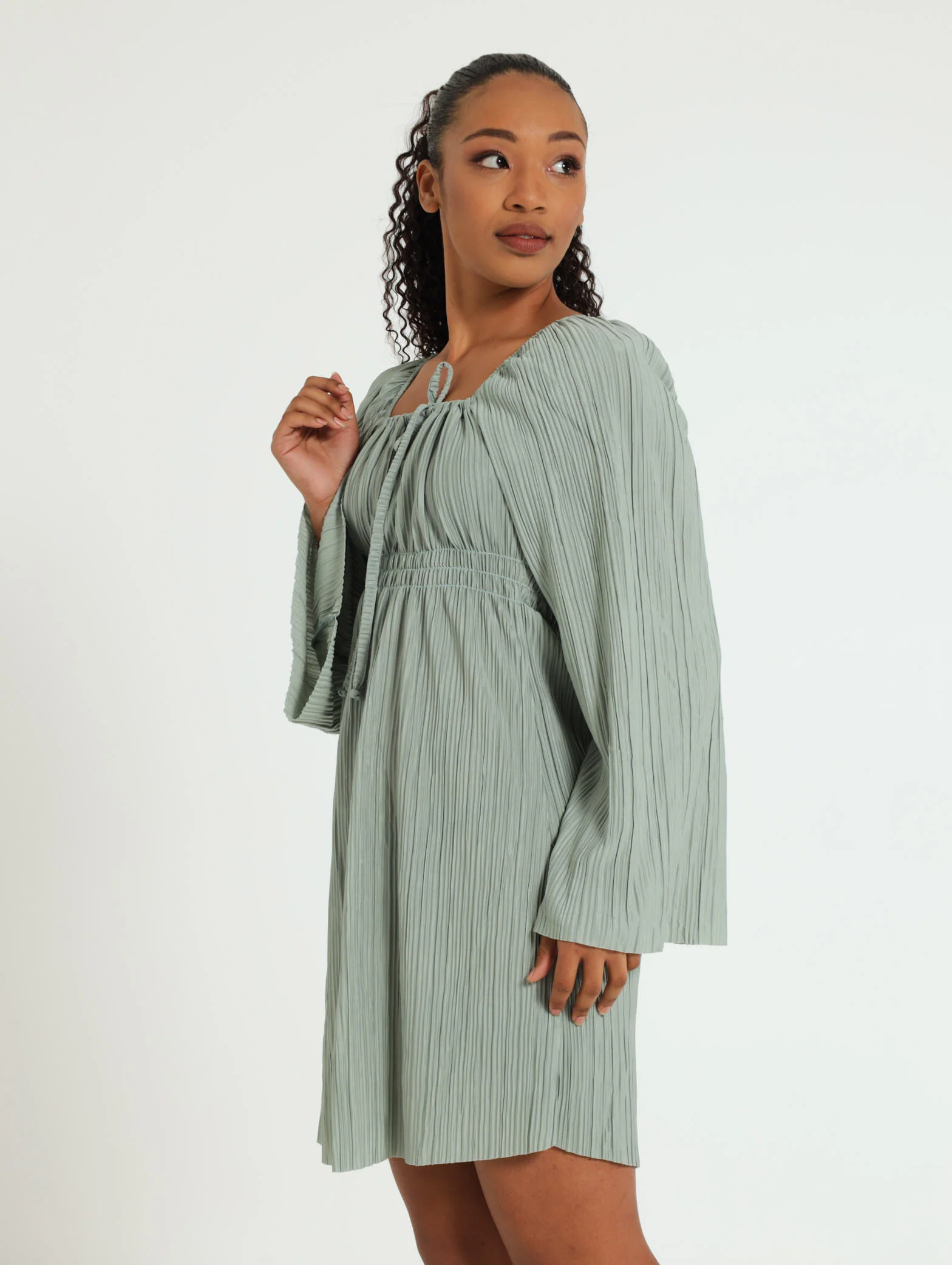 Long Sleeve Elastic Waist Bodre Mini Dress - Image 2