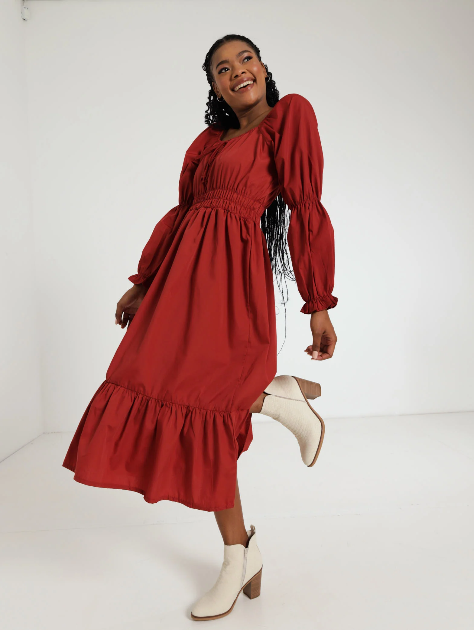 Long Sleeve Elastic Waist Poplin Midi Dress - Image 2