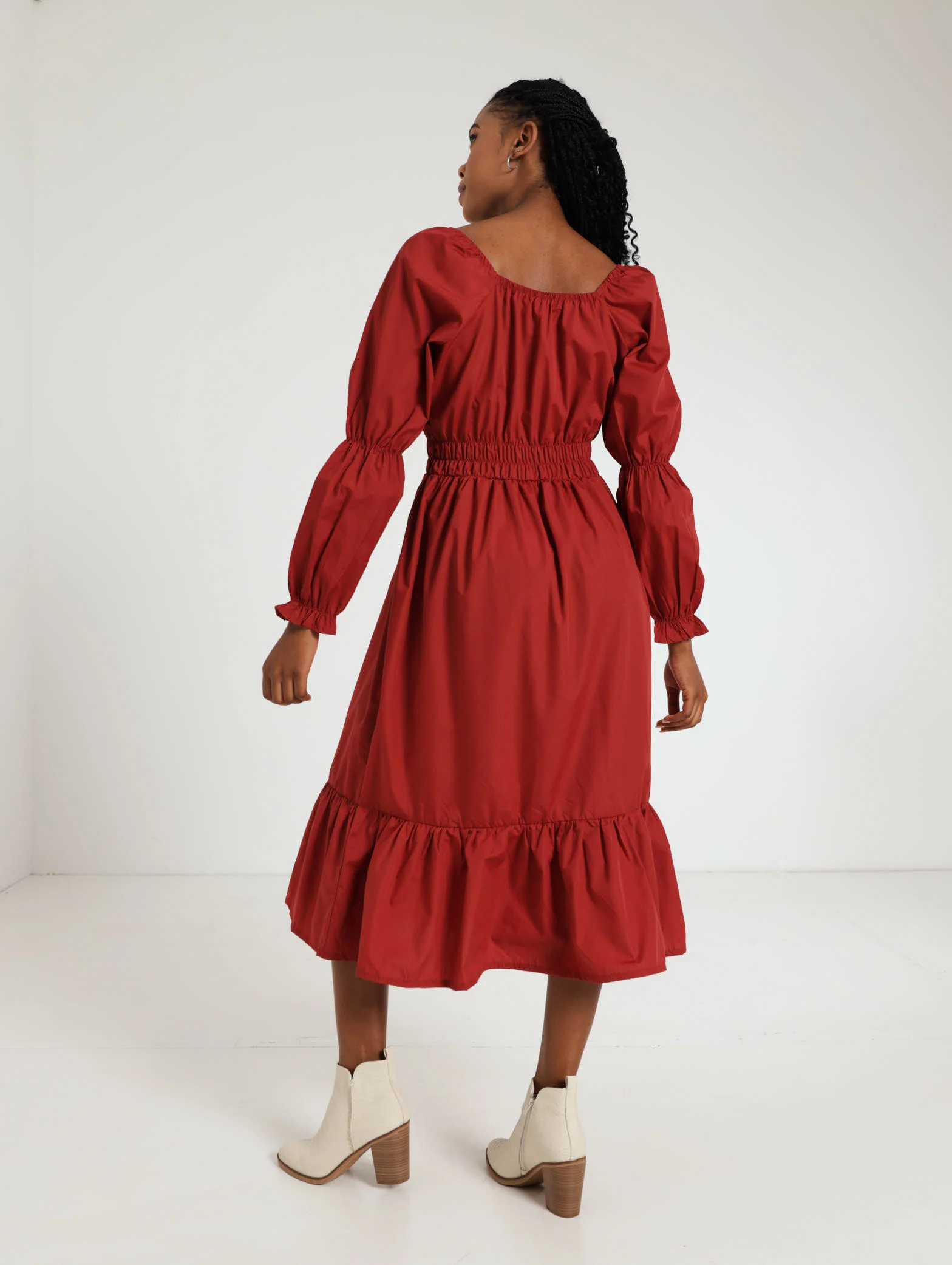 Long Sleeve Elastic Waist Poplin Midi Dress - Image 3