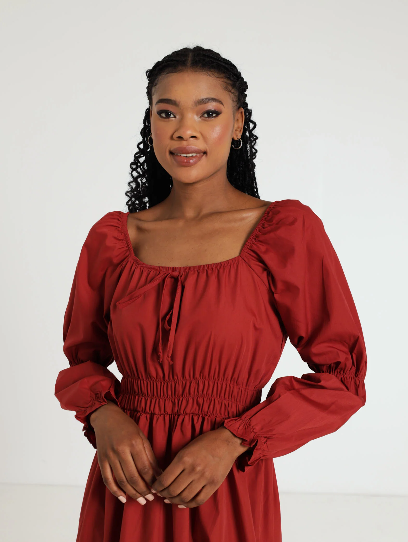 Long Sleeve Elastic Waist Poplin Midi Dress - Image 4