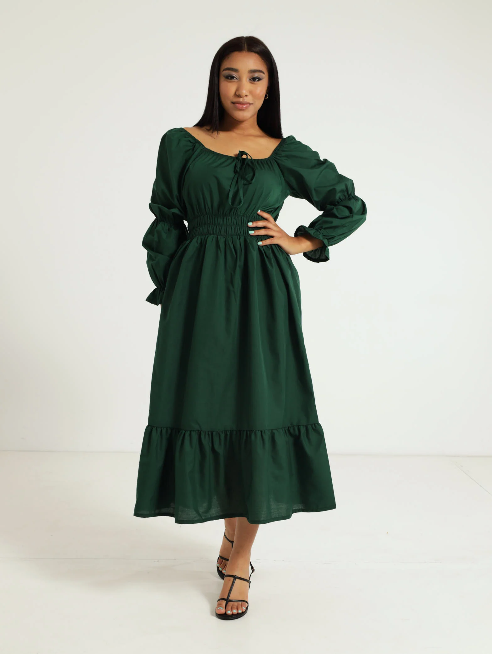 Long Sleeve Elastic Waist Poplin Midi Dress