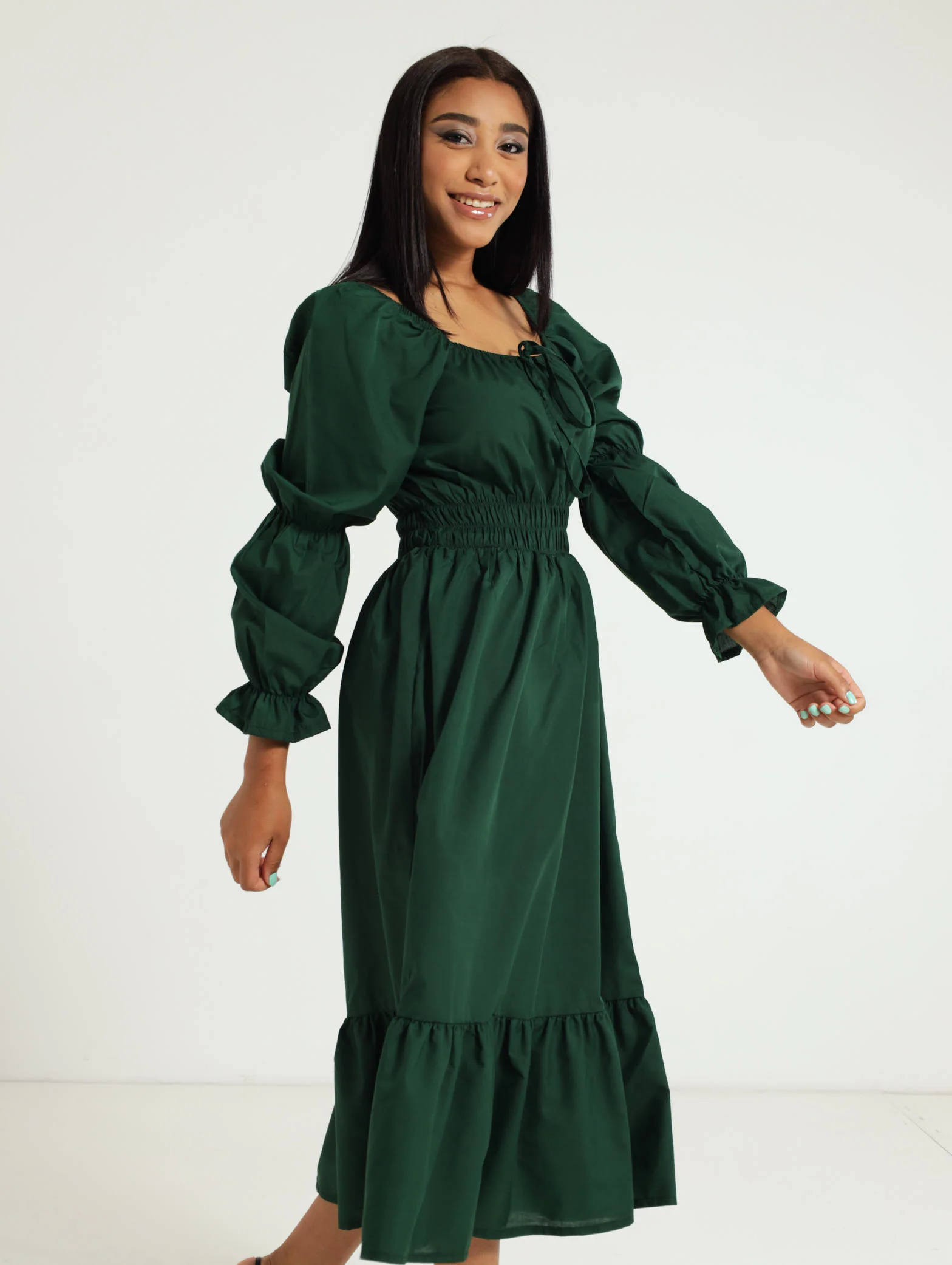 Long Sleeve Elastic Waist Poplin Midi Dress - Image 2