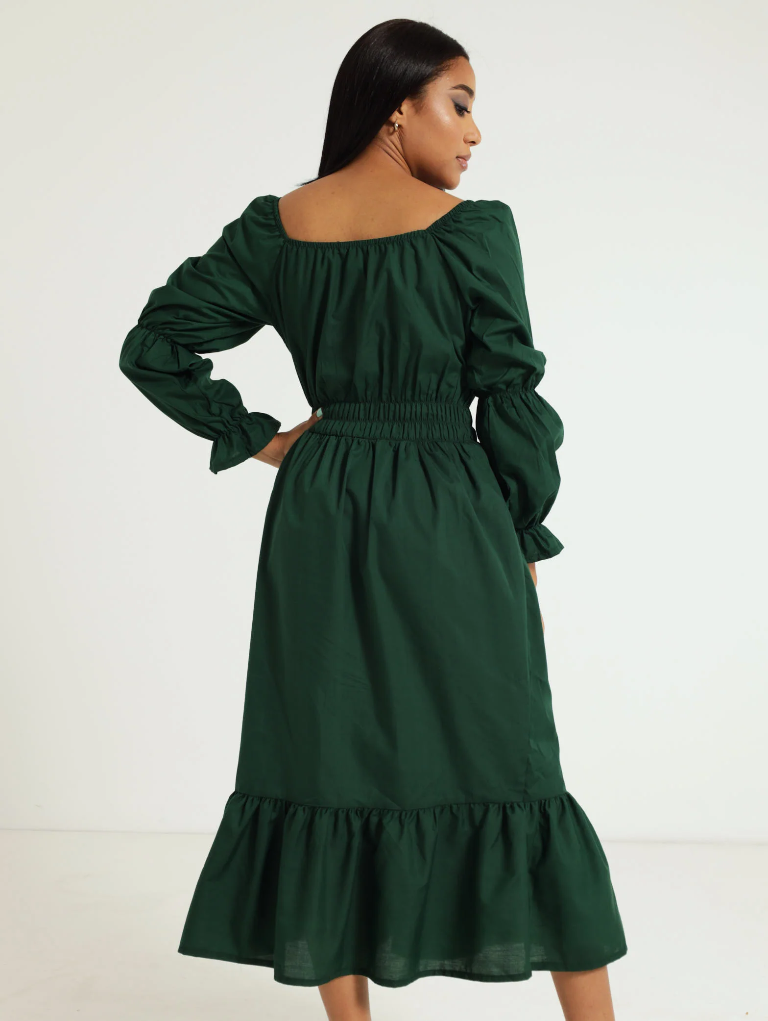 Long Sleeve Elastic Waist Poplin Midi Dress - Image 3