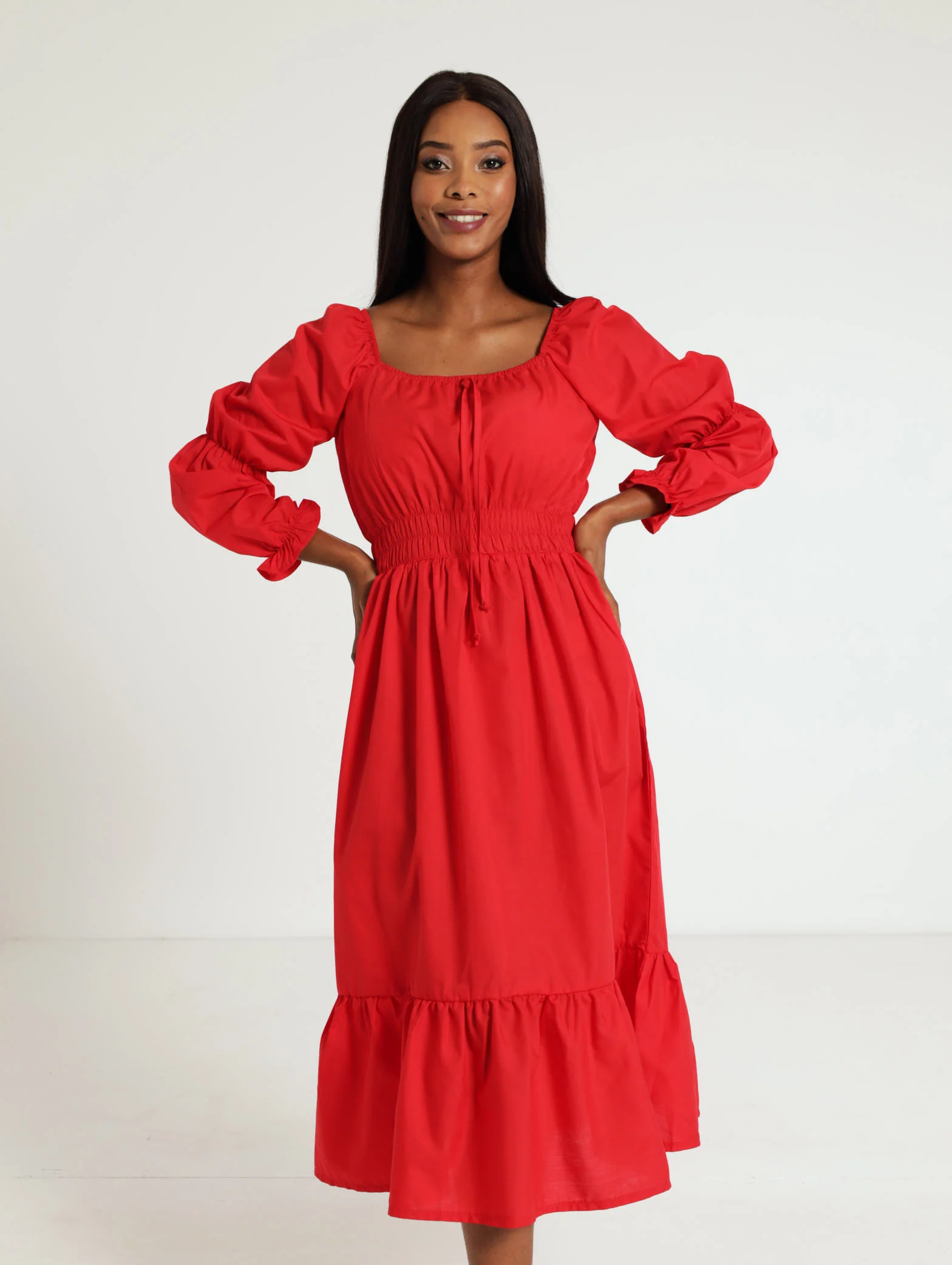 Long Sleeve Elastic Waist Poplin Midi Dress