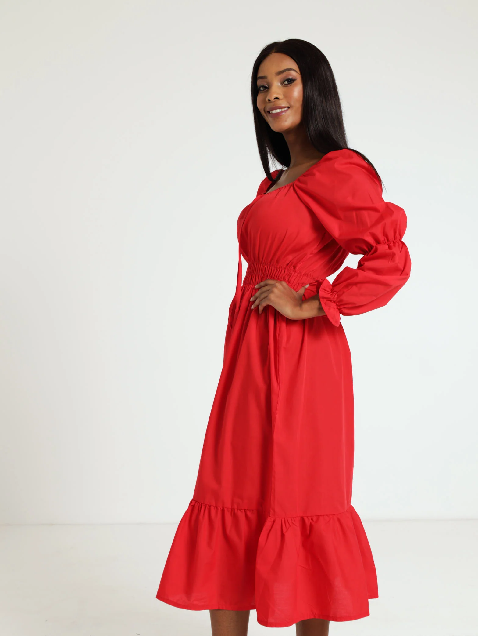 Long Sleeve Elastic Waist Poplin Midi Dress - Image 2