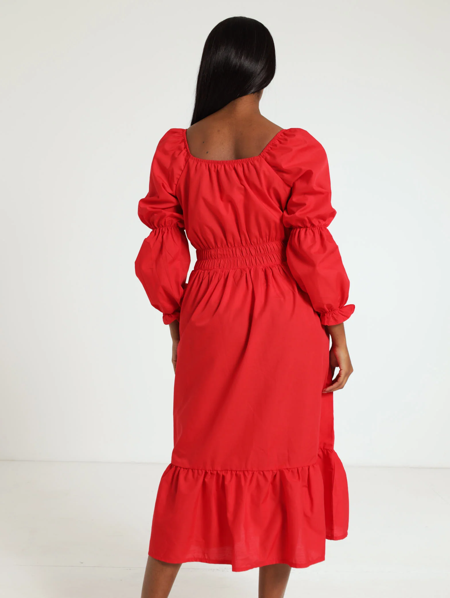 Long Sleeve Elastic Waist Poplin Midi Dress - Image 3