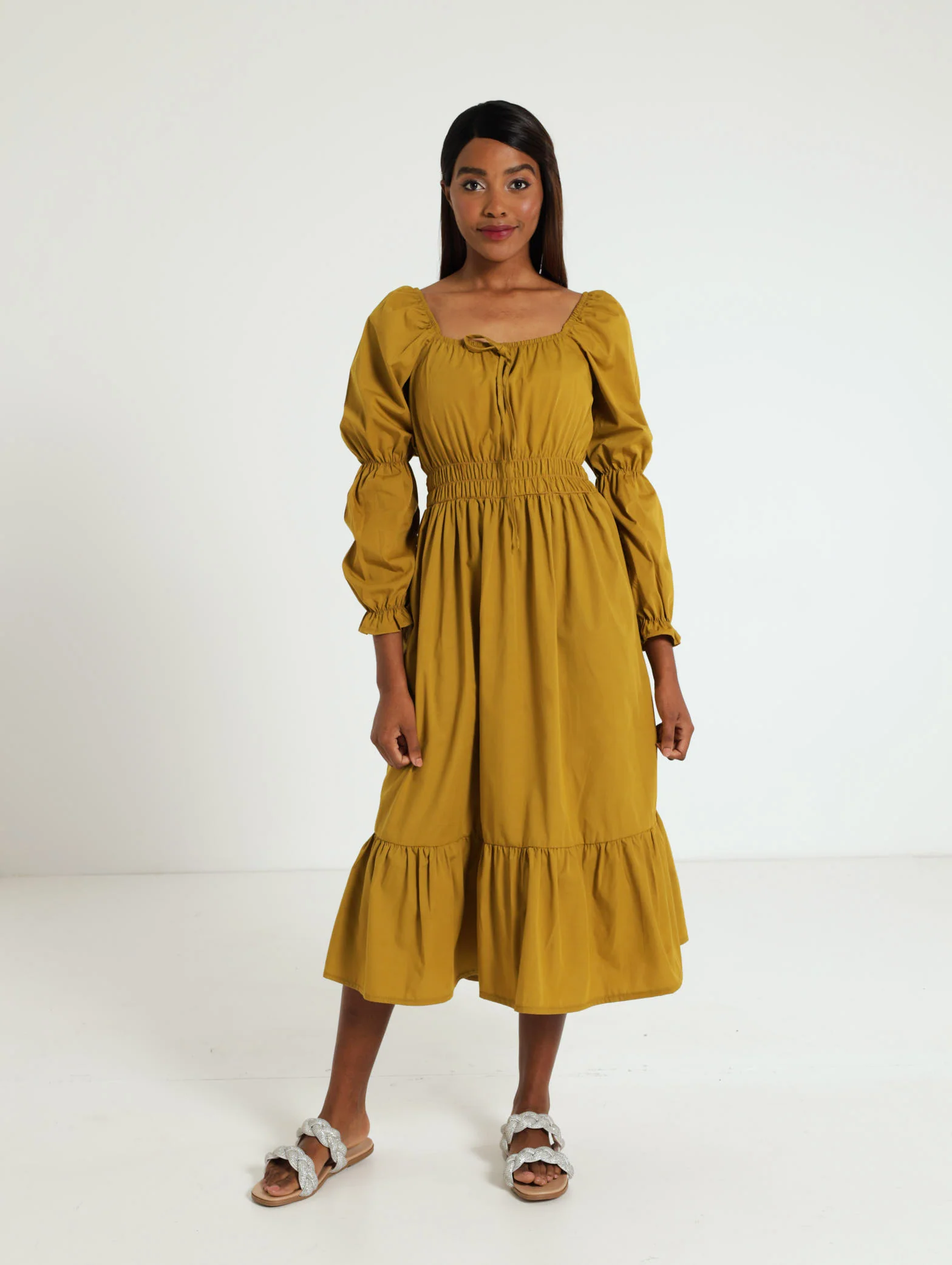 Long Sleeve Elastic Waist Poplin Midi Dress