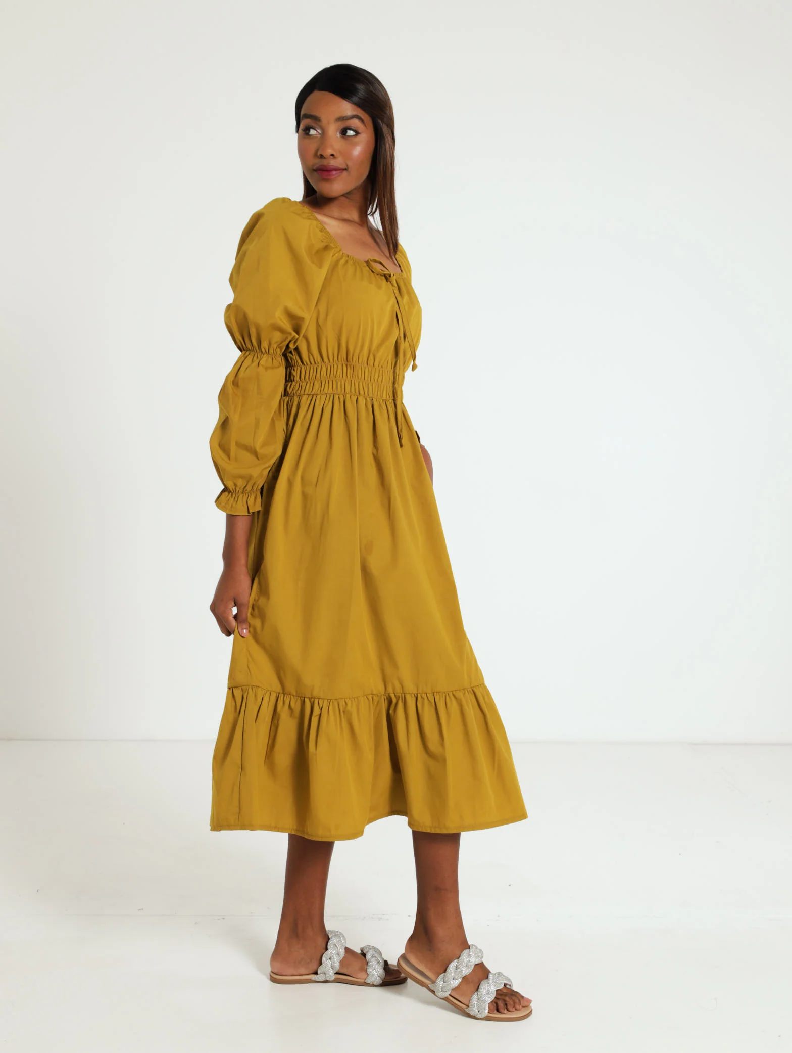 Long Sleeve Elastic Waist Poplin Midi Dress - Image 2