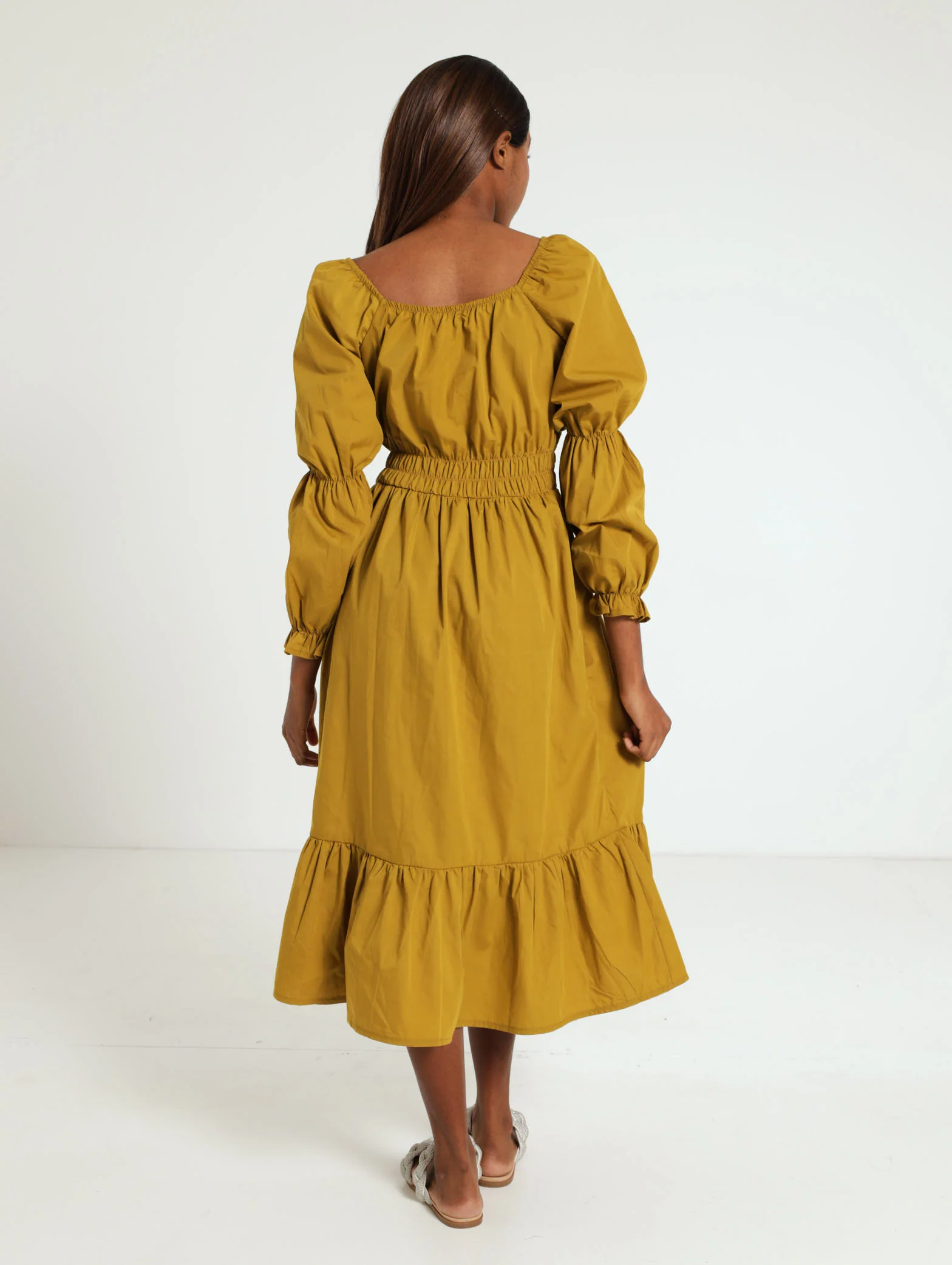 Long Sleeve Elastic Waist Poplin Midi Dress - Image 4