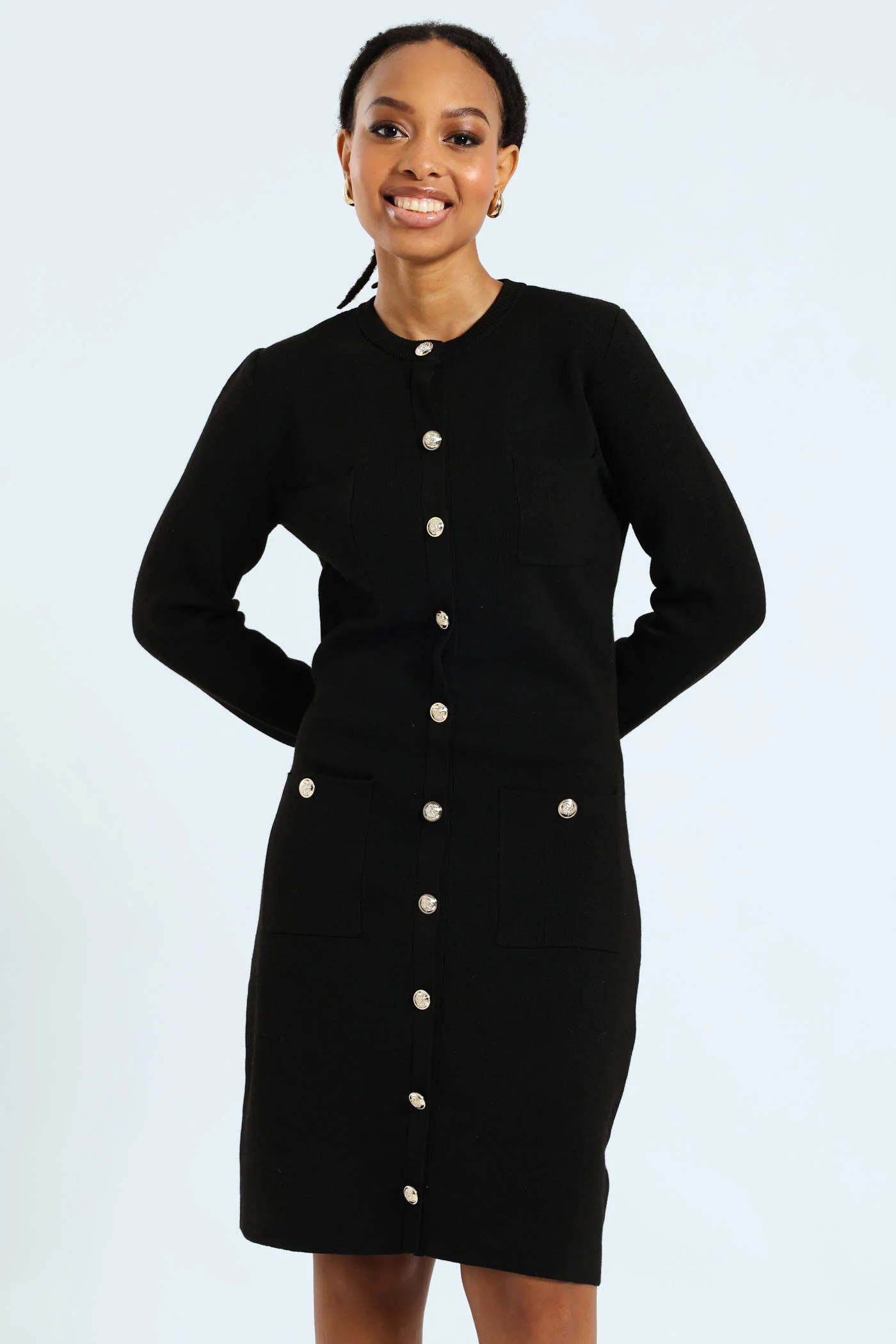 Long Sleeve Fancy Button Knitwear Dress - Black