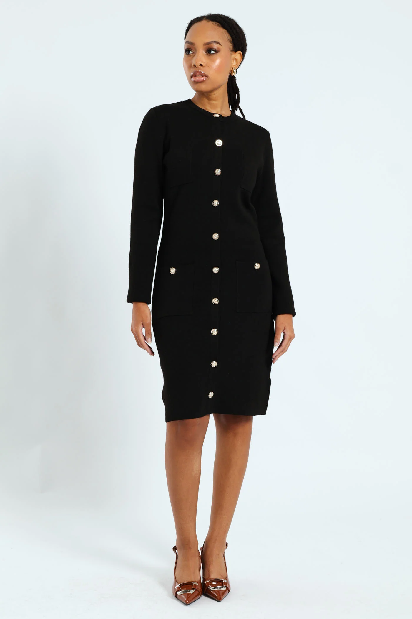 Long Sleeve Fancy Button Knitwear Dress - Black - Image 2