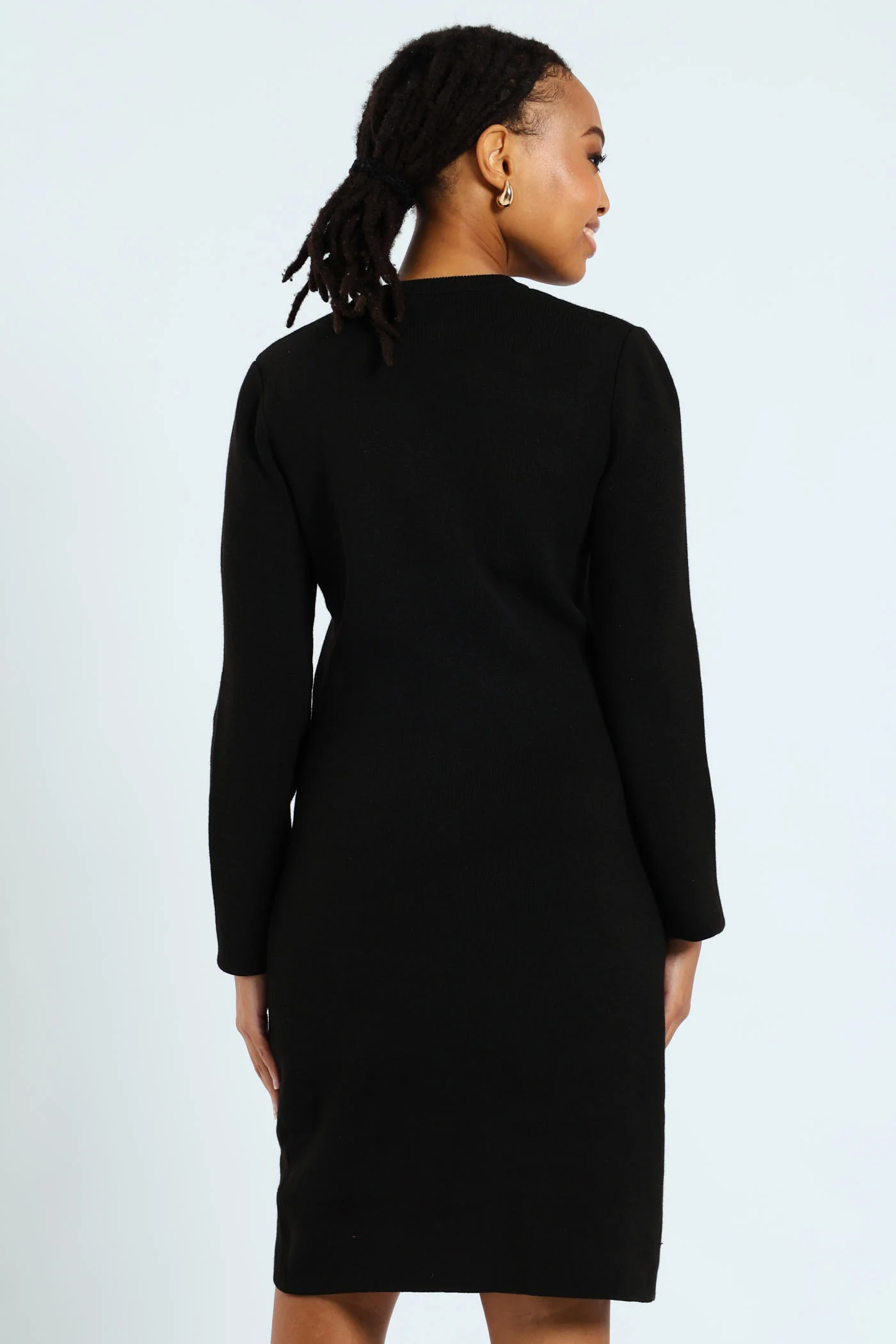 Long Sleeve Fancy Button Knitwear Dress - Black - Image 4