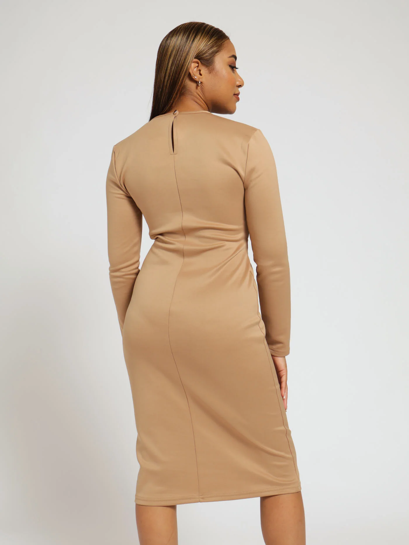 Long Sleeve Fancy Button Scuba Dress - Stone - Image 4