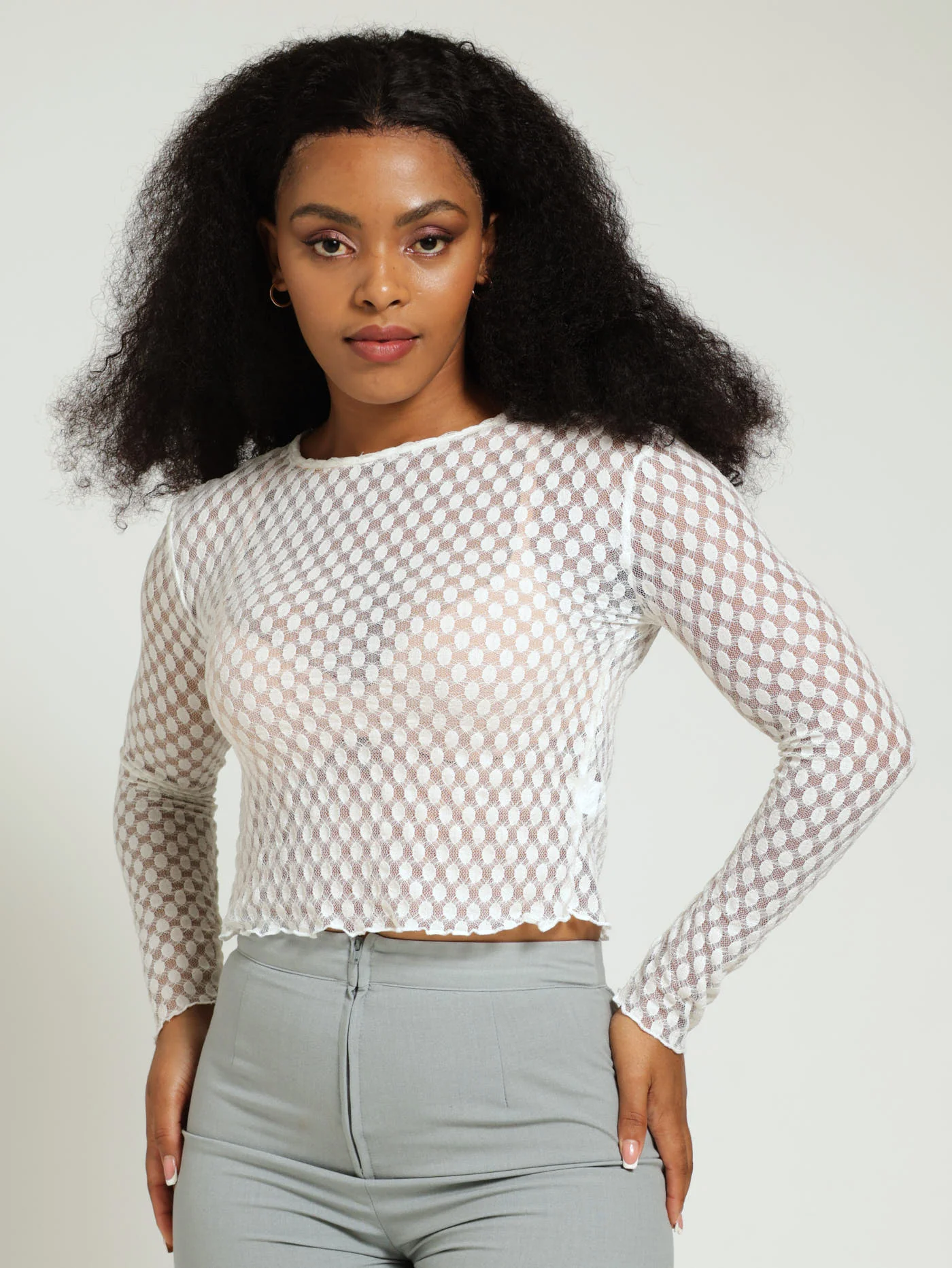 Long Sleeve Fancy Mesh Top - White