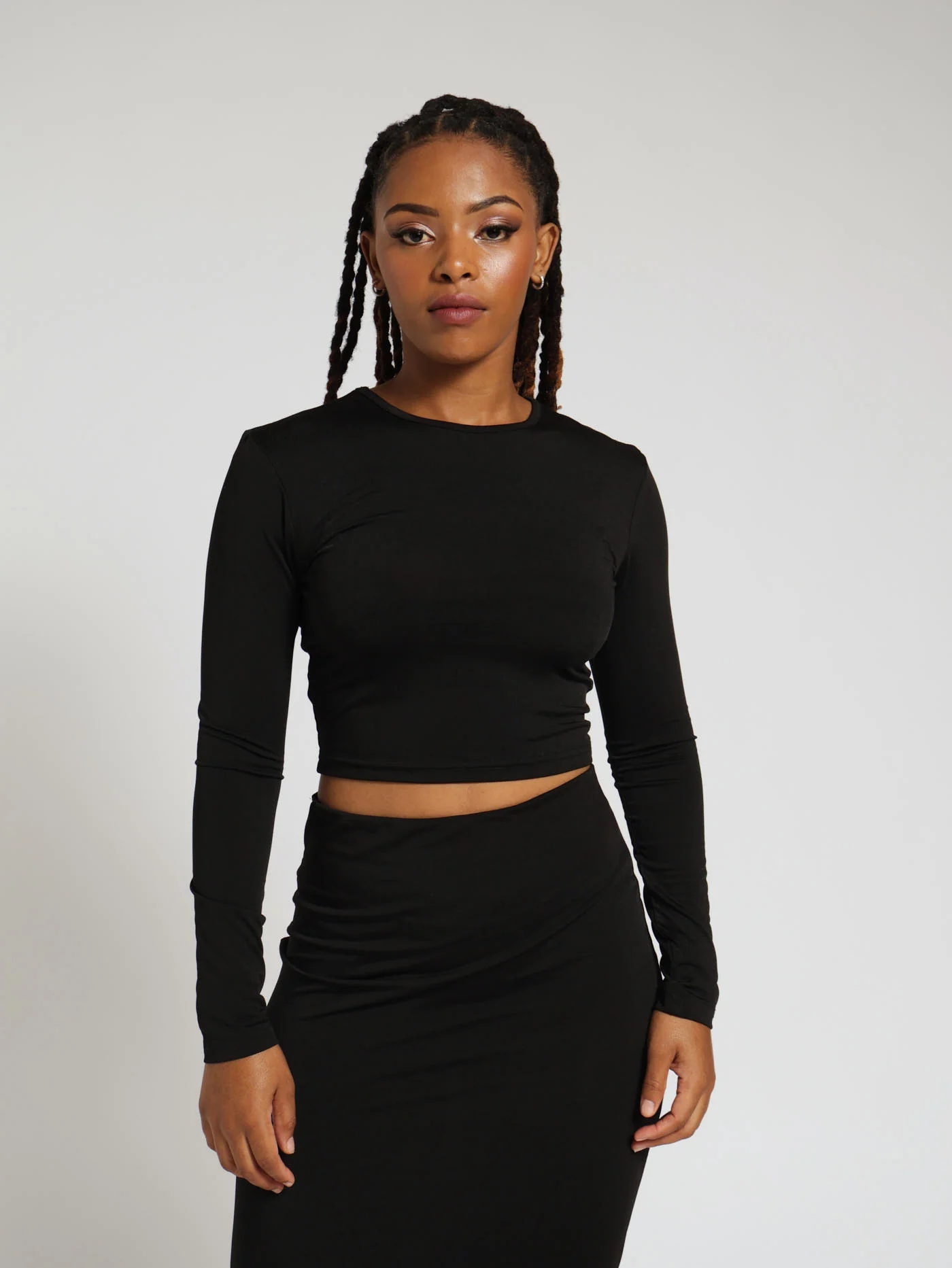 Long Sleeve Fitted Slinky Top - Black