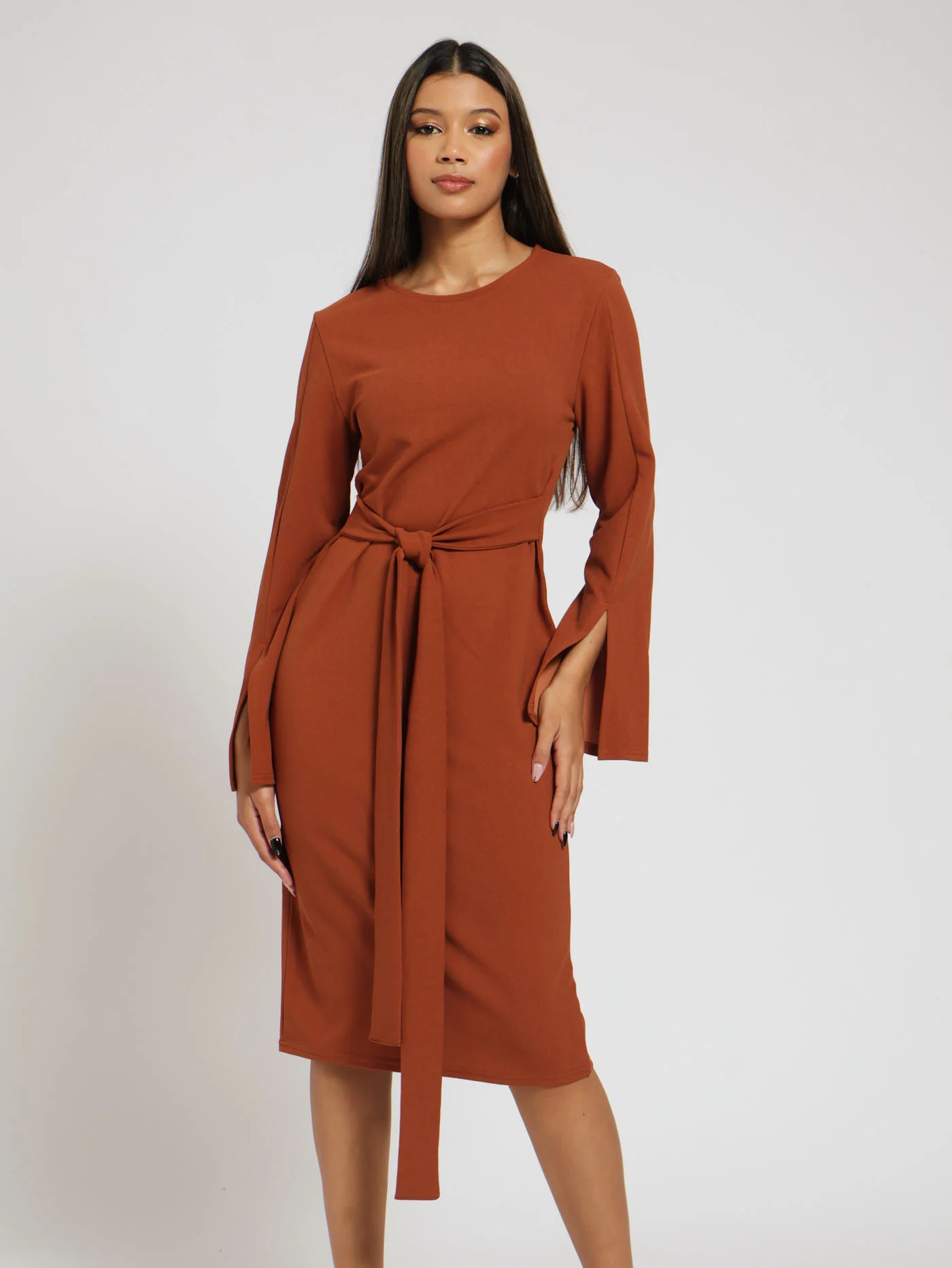 Long Sleeve Flare Slit Sleeve Bodycon Dress - Brown