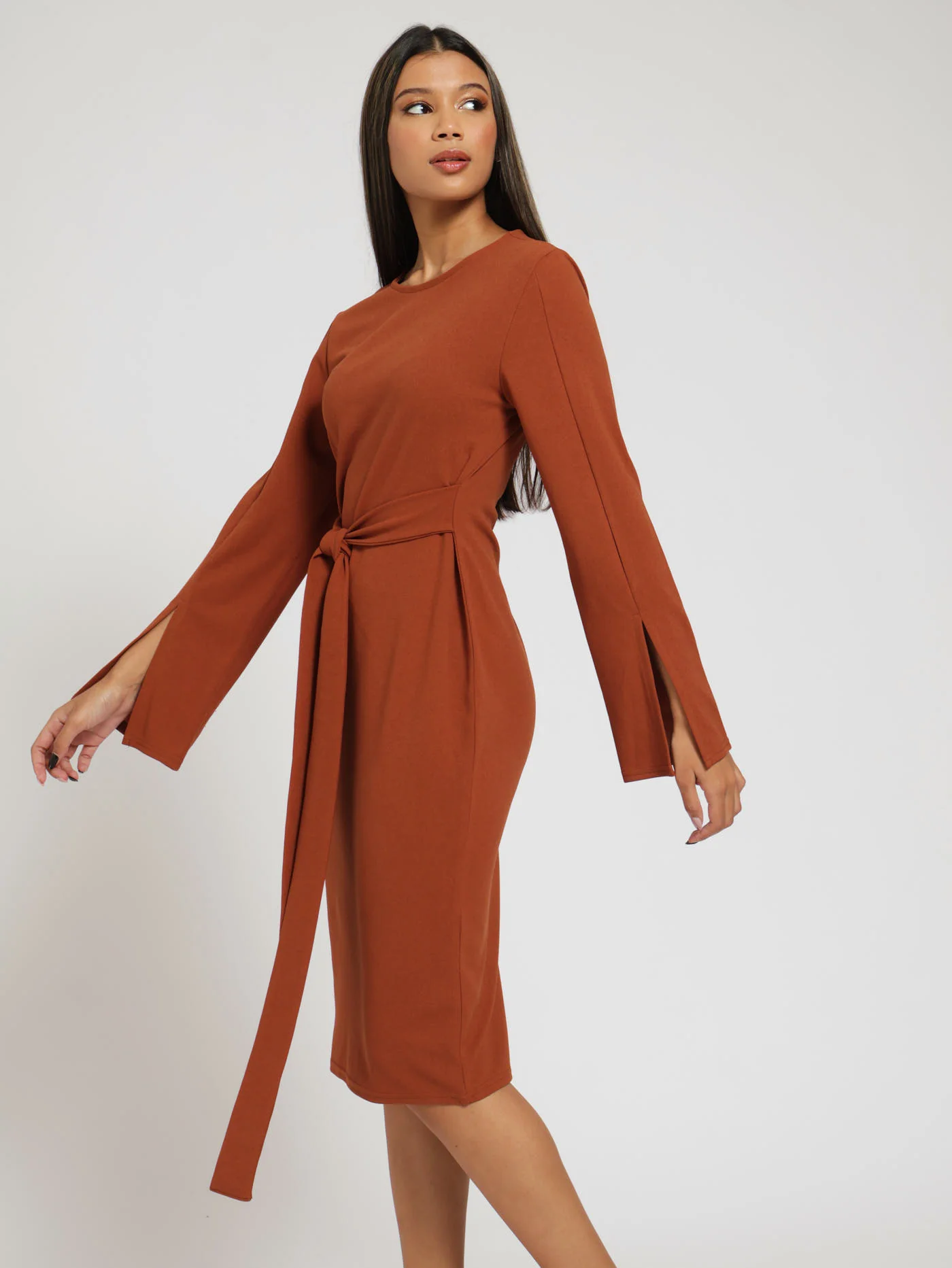 Long Sleeve Flare Slit Sleeve Bodycon Dress - Brown - Image 2