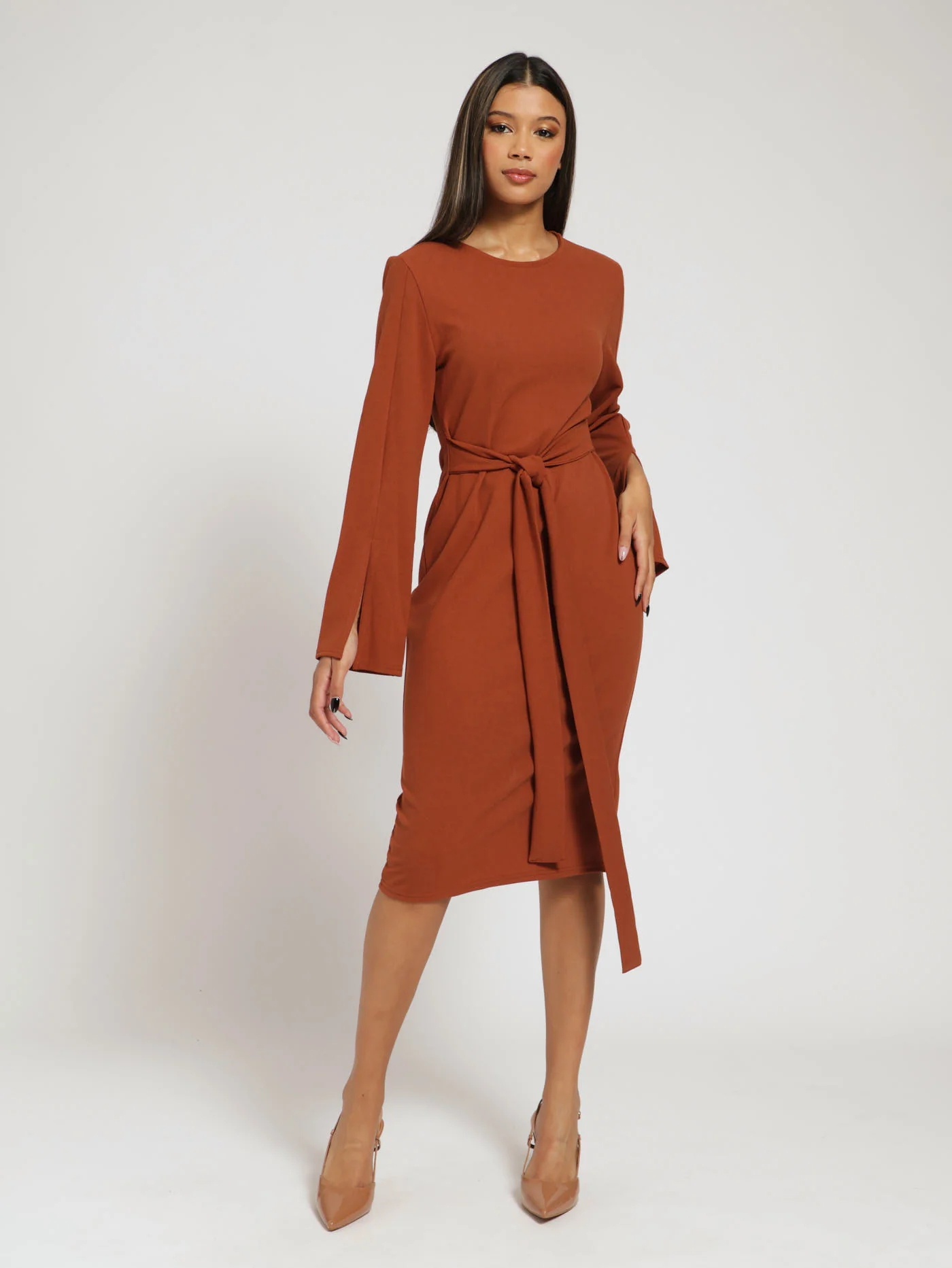 Long Sleeve Flare Slit Sleeve Bodycon Dress - Brown - Image 4