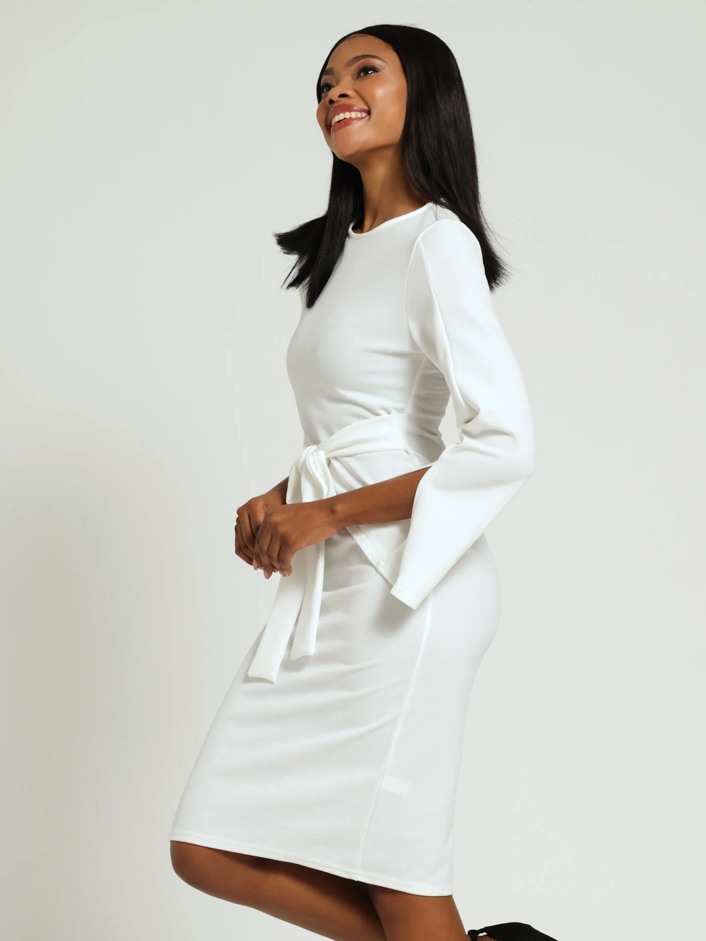 Long Sleeve Flare Slit Sleeve Bodycon Dress - Cream - Image 2