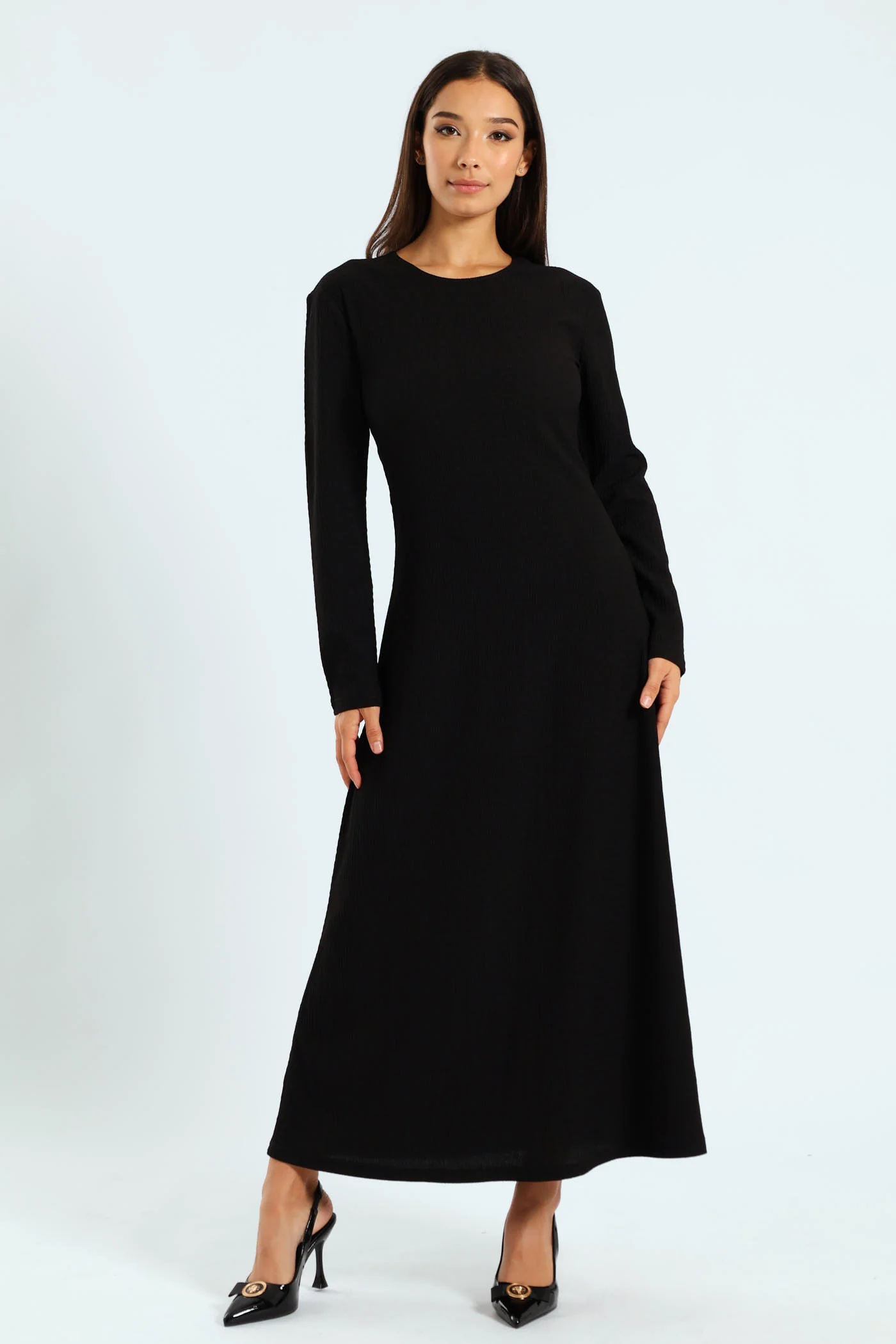Long Sleeve Flared Maxi Dress - Black