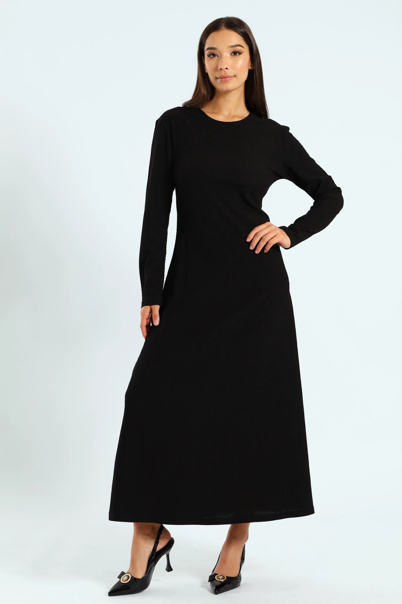 Long Sleeve Flared Maxi Dress - Black - Image 3