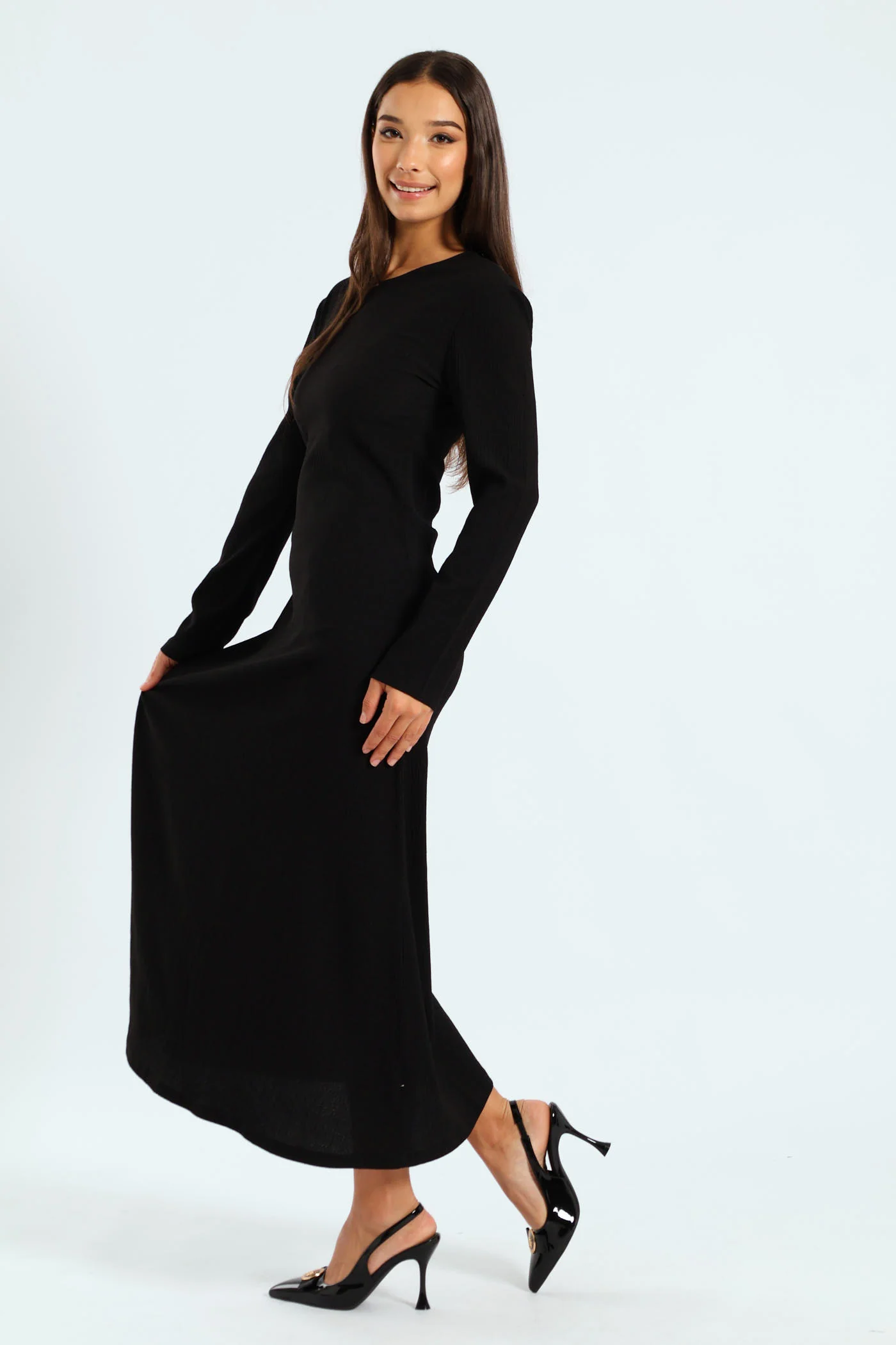 Long Sleeve Flared Maxi Dress - Black - Image 4