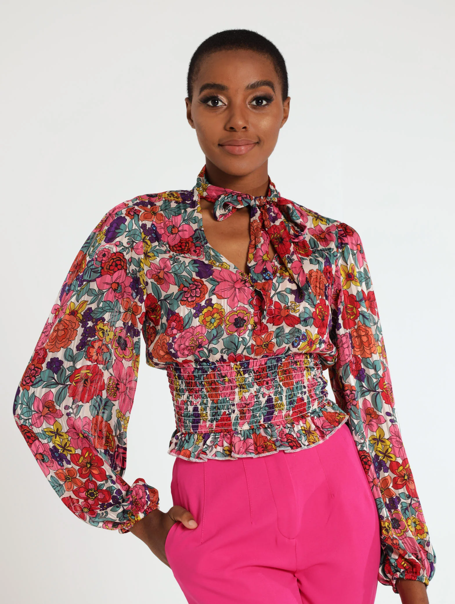Long Sleeve Floral Neck Tie Chiffon Blouse