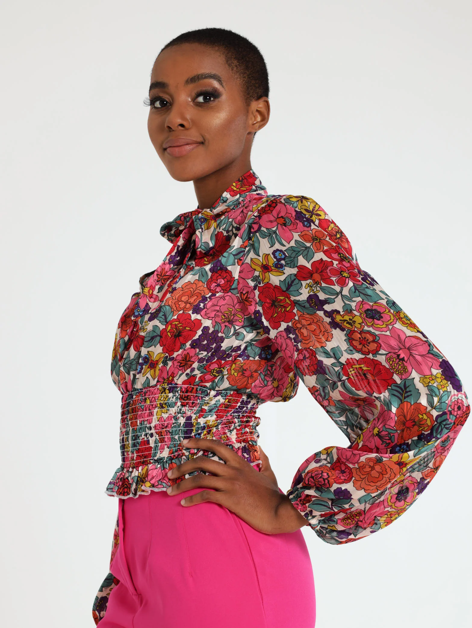Long Sleeve Floral Neck Tie Chiffon Blouse - Image 2