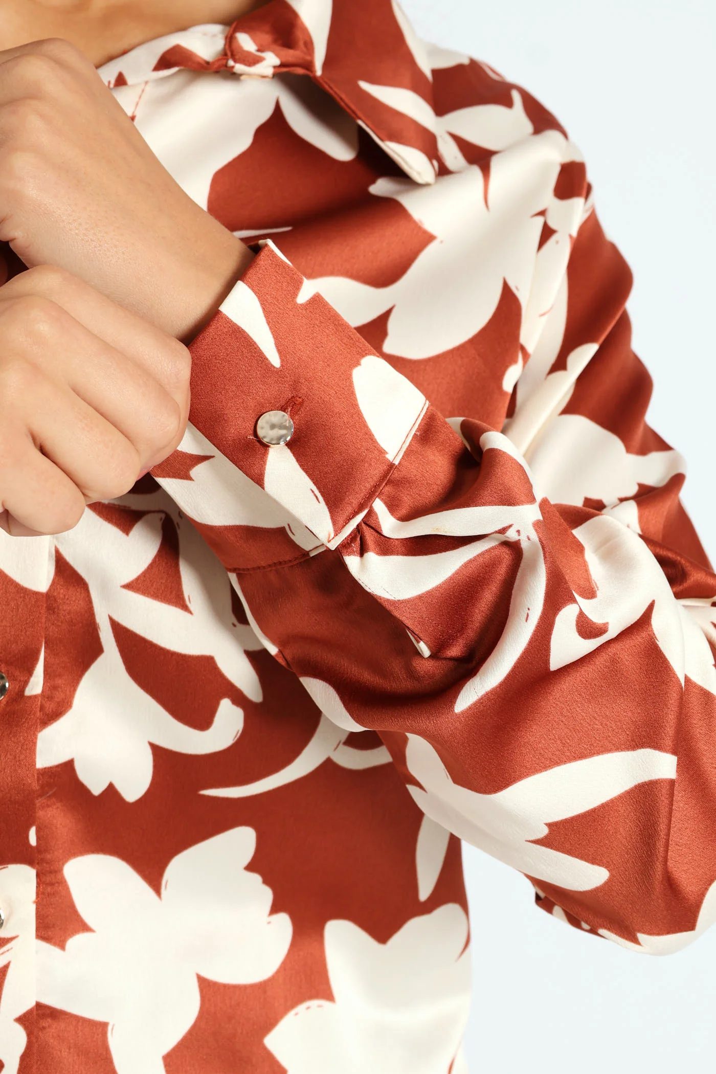 Long Sleeve Floral Print Satin Tie Detail Shirt - Rust - Image 2