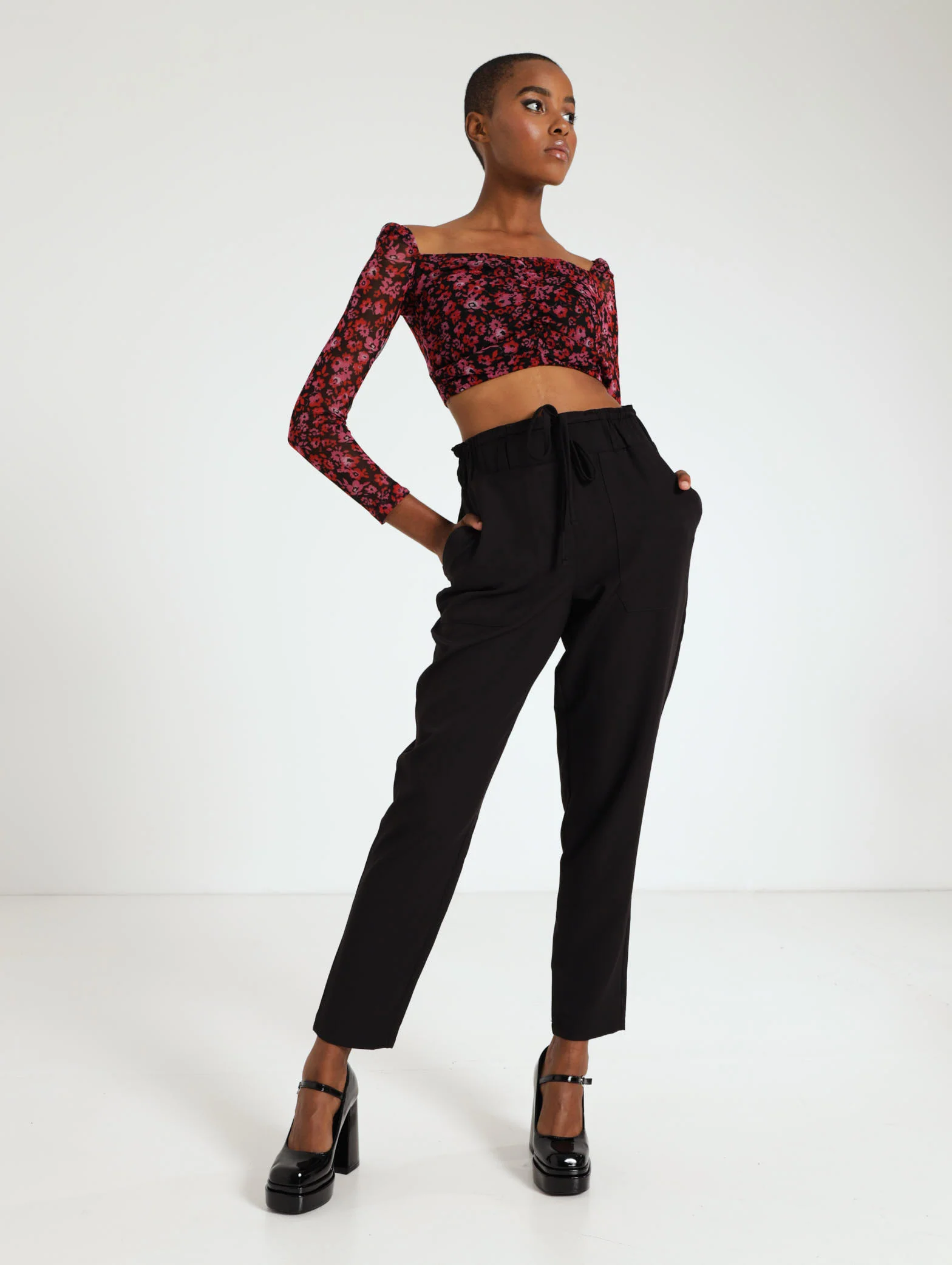 Long Sleeve Floral Ruched Mesh Top - Image 3