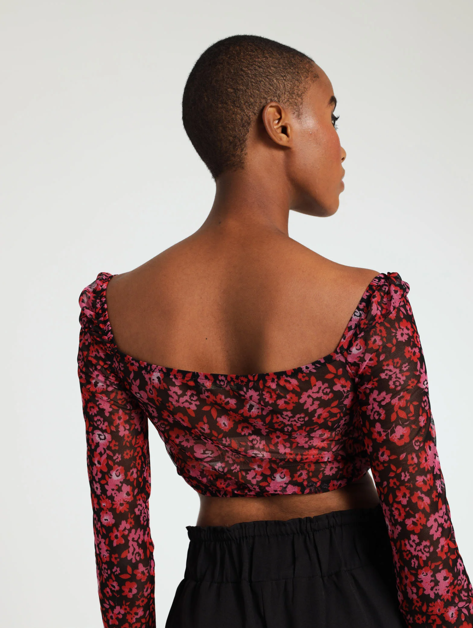 Long Sleeve Floral Ruched Mesh Top - Image 4