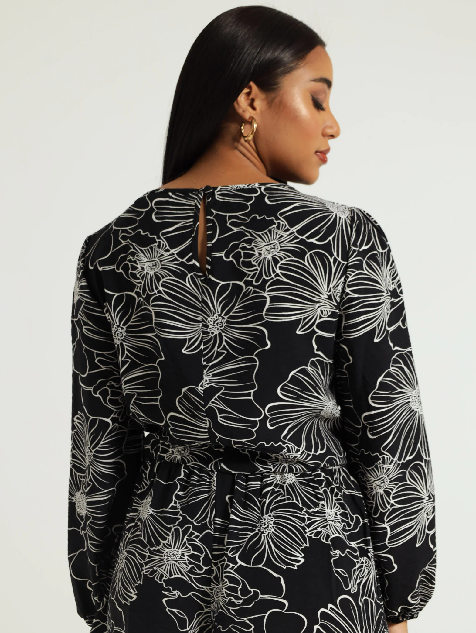 Long Sleeve Floral Slub Tie Front Top - Image 3
