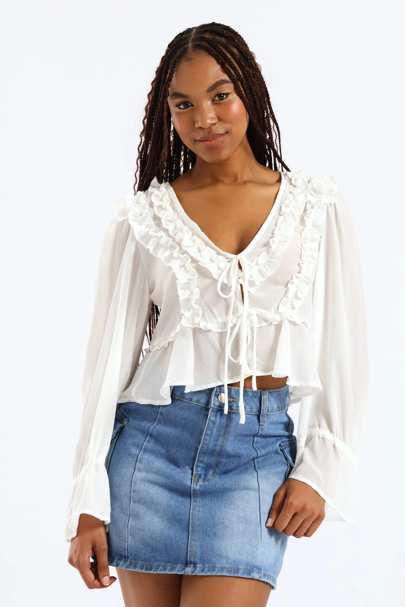 Long Sleeve Flowy Tie Front Ruffle Blouse - White