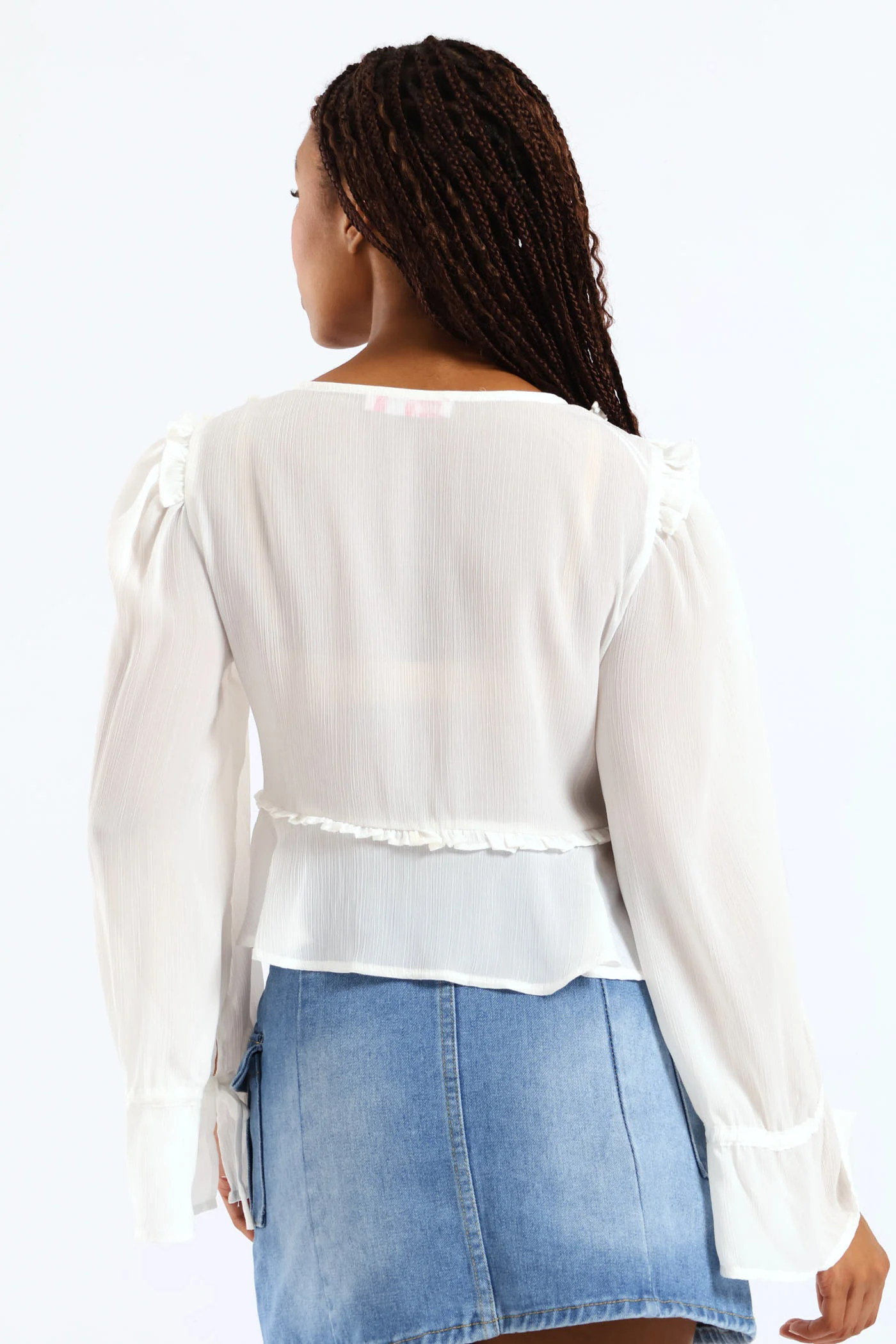 Long Sleeve Flowy Tie Front Ruffle Blouse - White - Image 5