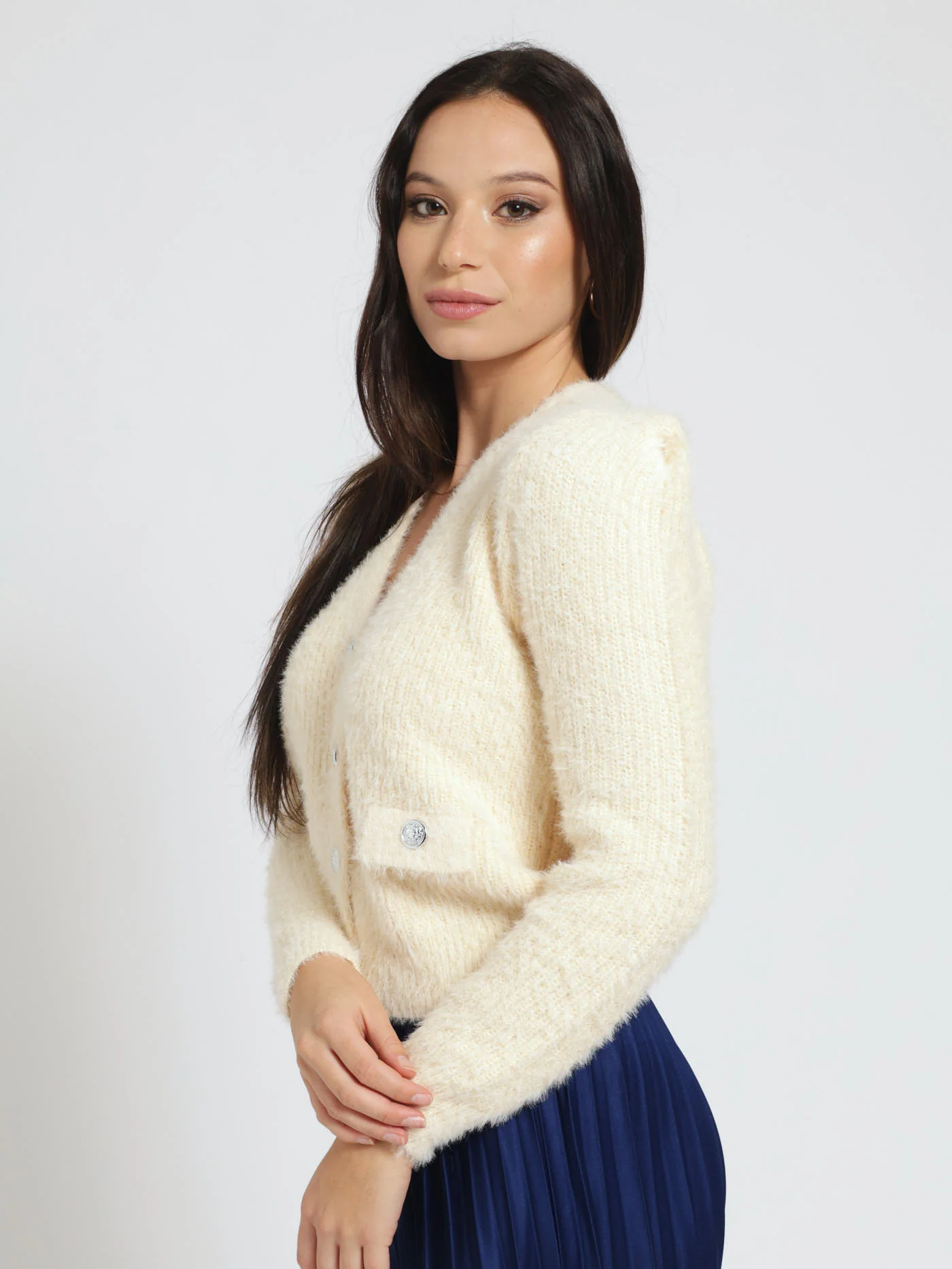 Long Sleeve Fluffy Cardigan - Cream - Image 3