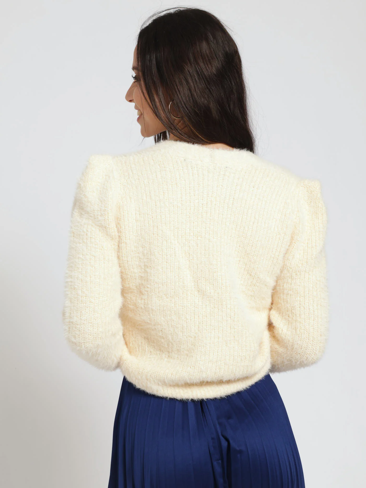 Long Sleeve Fluffy Cardigan - Cream - Image 4