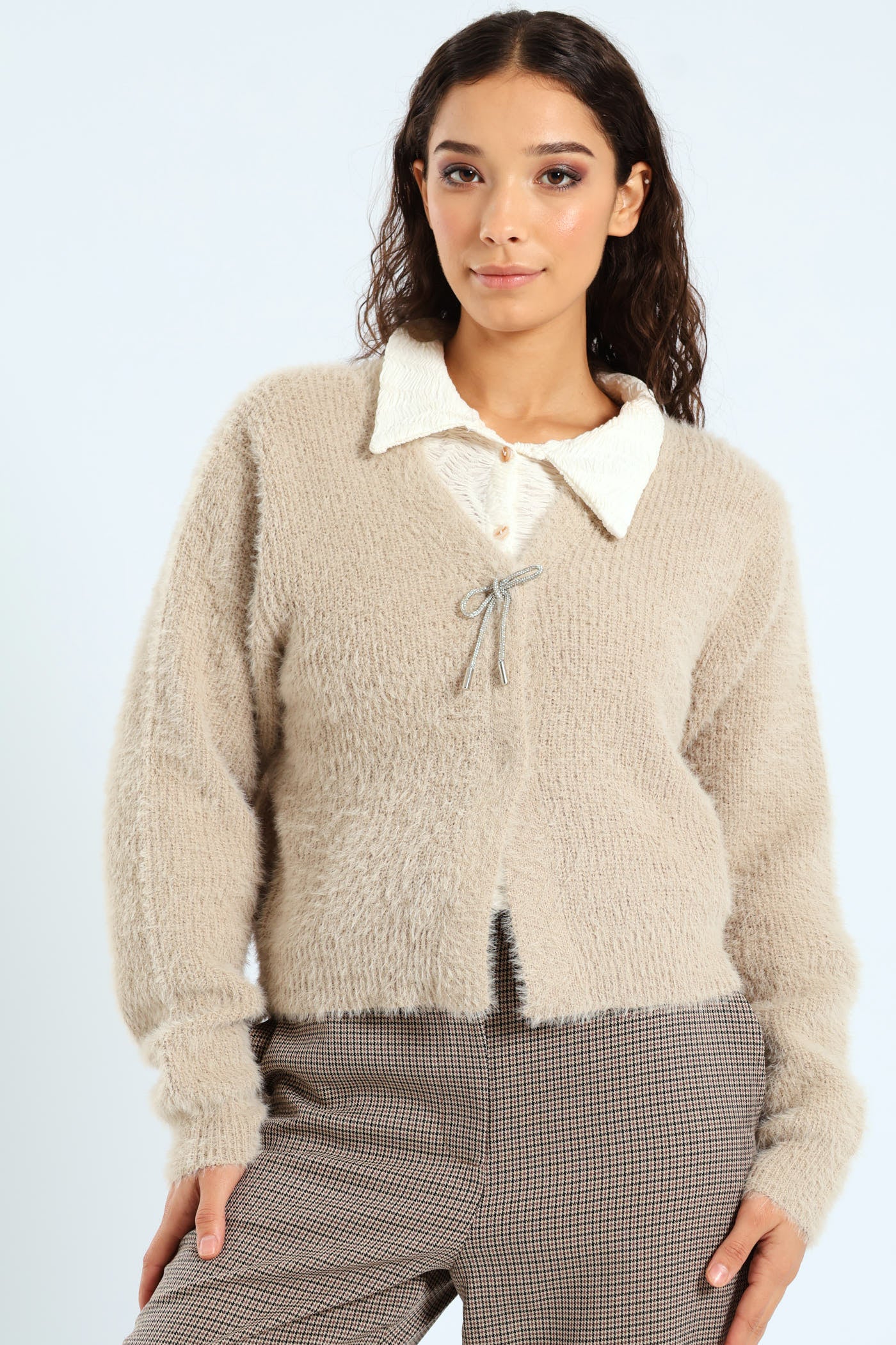Long Sleeve Fluffy Cardigan With Diamante Trim - Nude