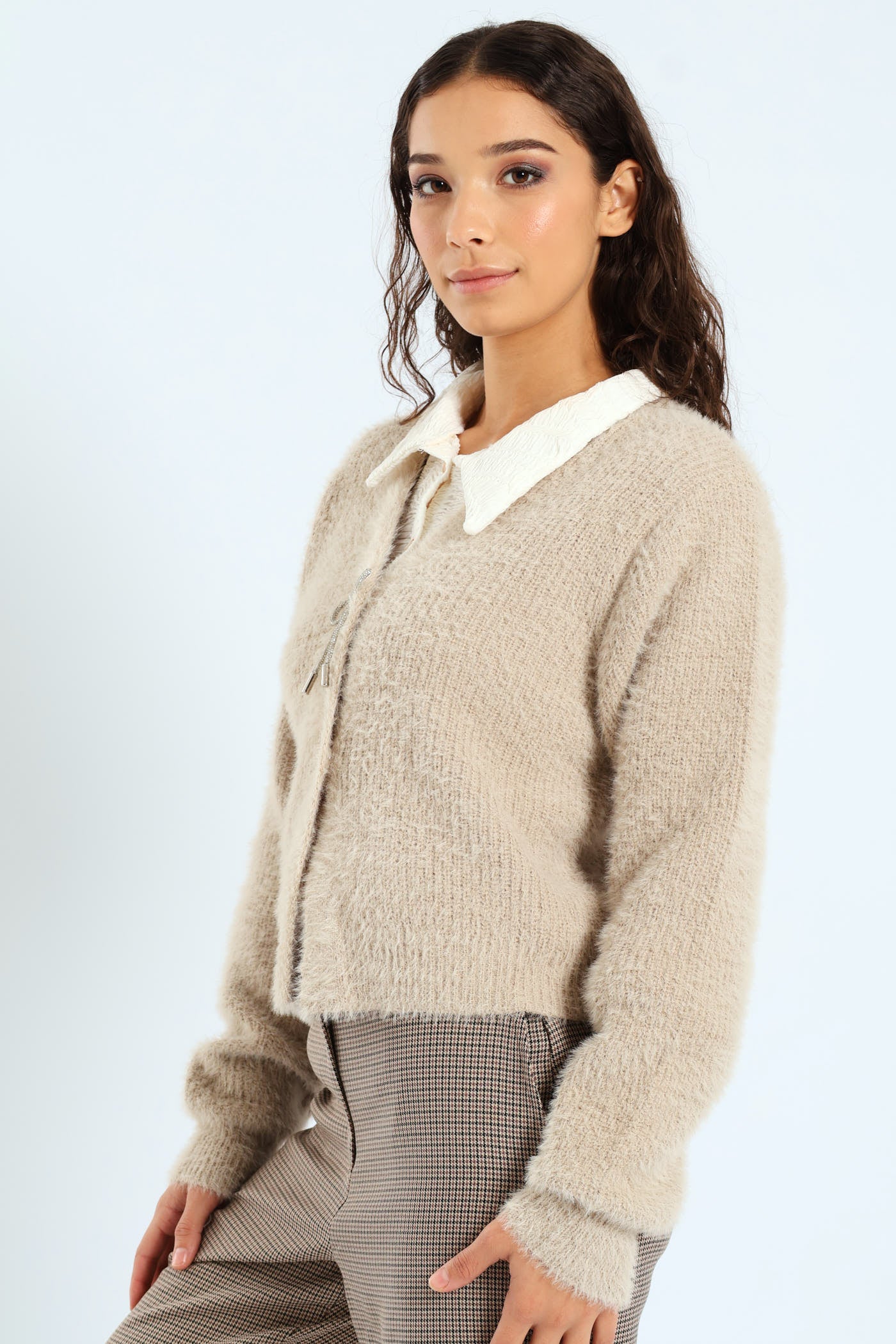 Long Sleeve Fluffy Cardigan With Diamante Trim - Nude - Image 2