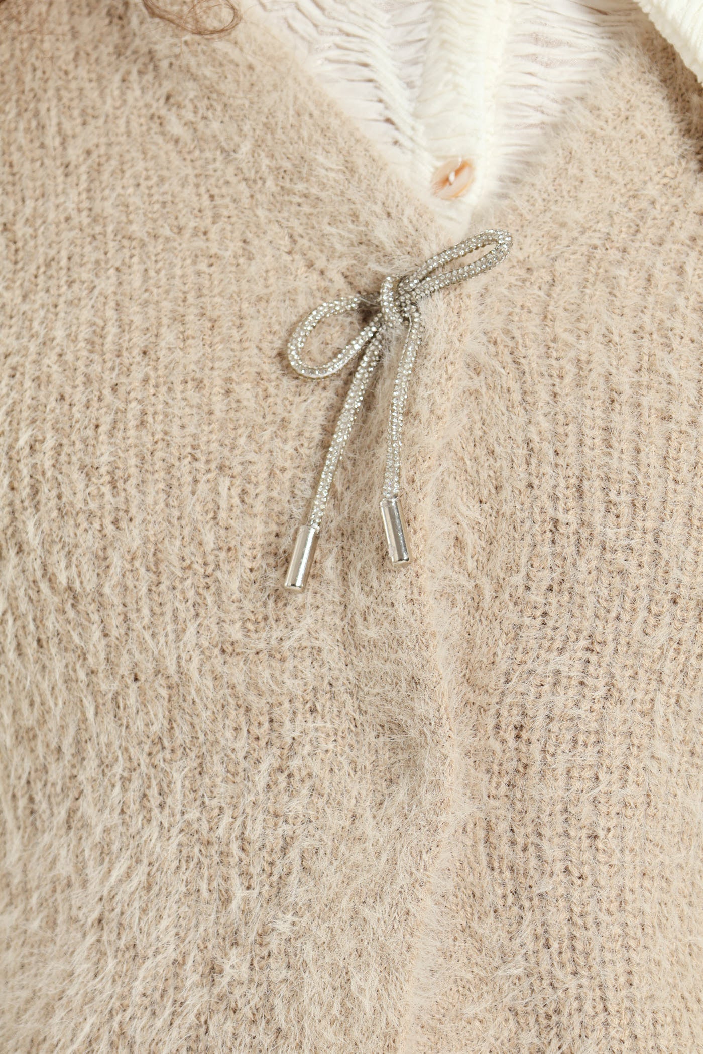 Long Sleeve Fluffy Cardigan With Diamante Trim - Nude - Image 3
