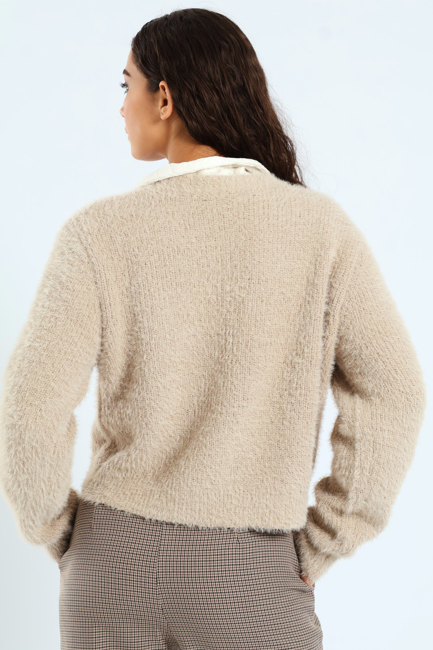 Long Sleeve Fluffy Cardigan With Diamante Trim - Nude - Image 5