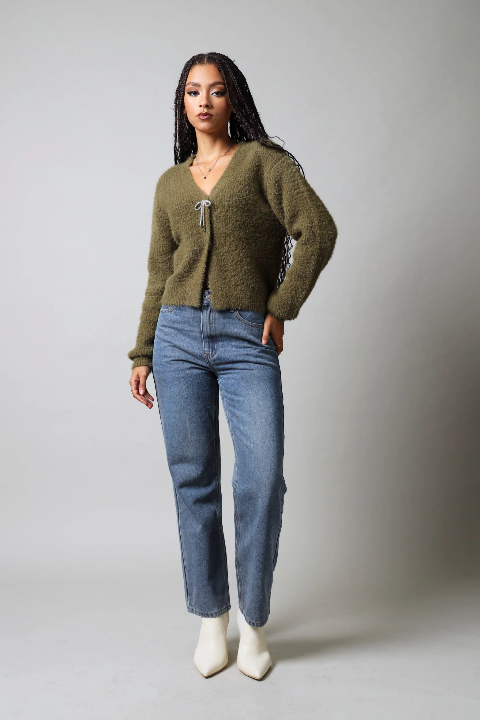 Long sleeve Fluffy Diamante Trim Cardigan - Fatigue - Image 2