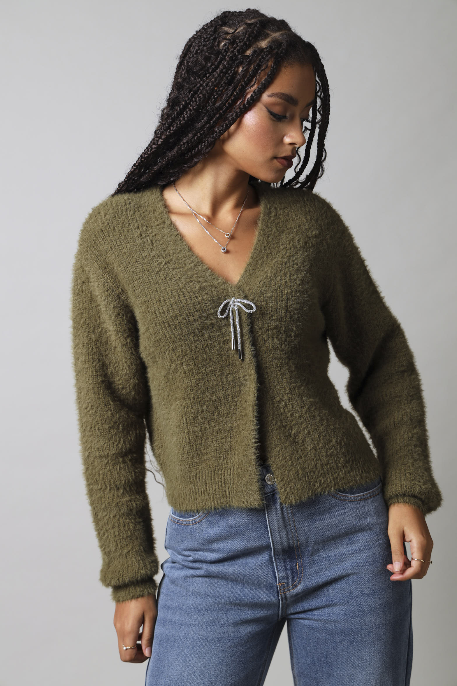 Long sleeve Fluffy Diamante Trim Cardigan - Fatigue - Image 3