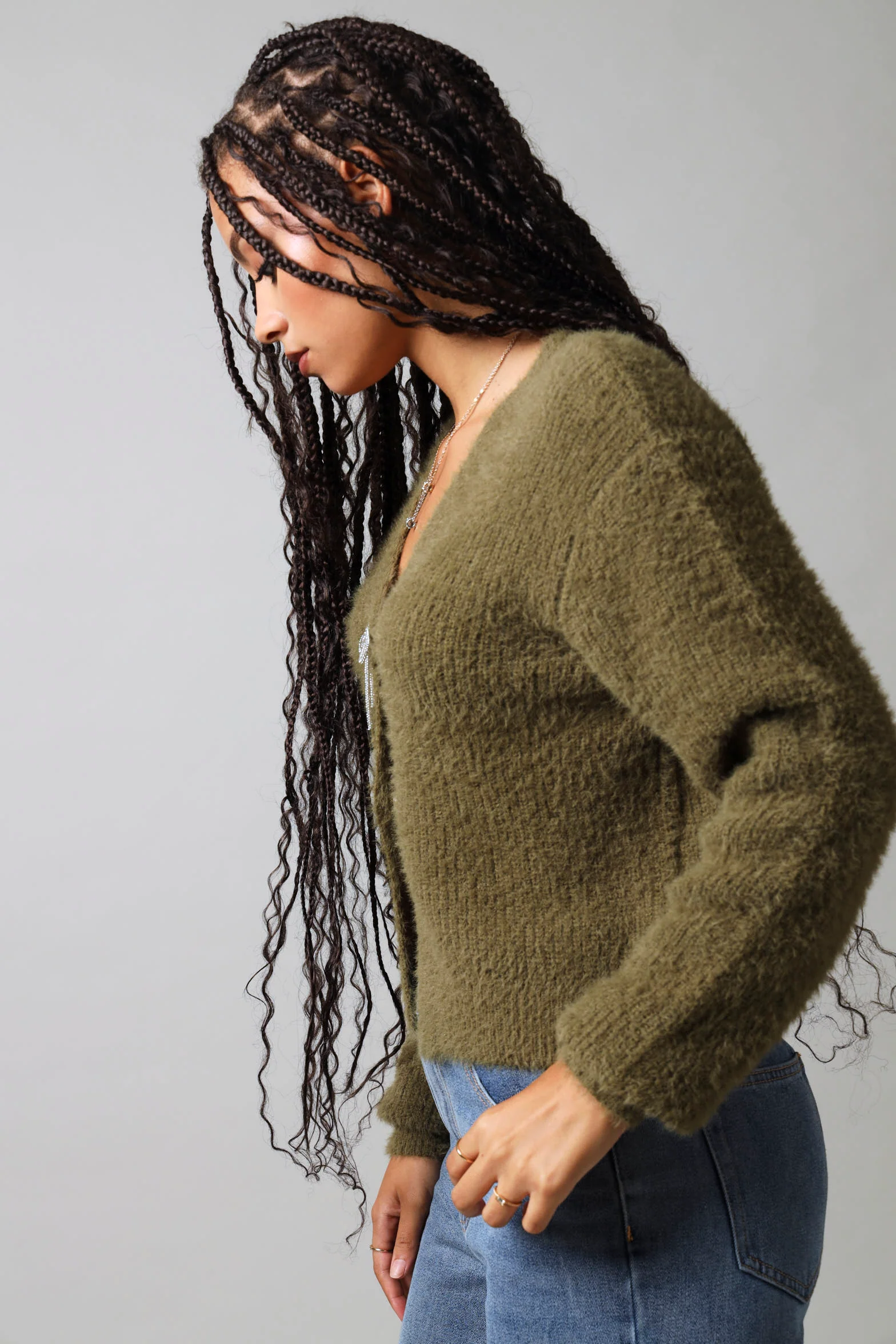 Long sleeve Fluffy Diamante Trim Cardigan - Fatigue - Image 4