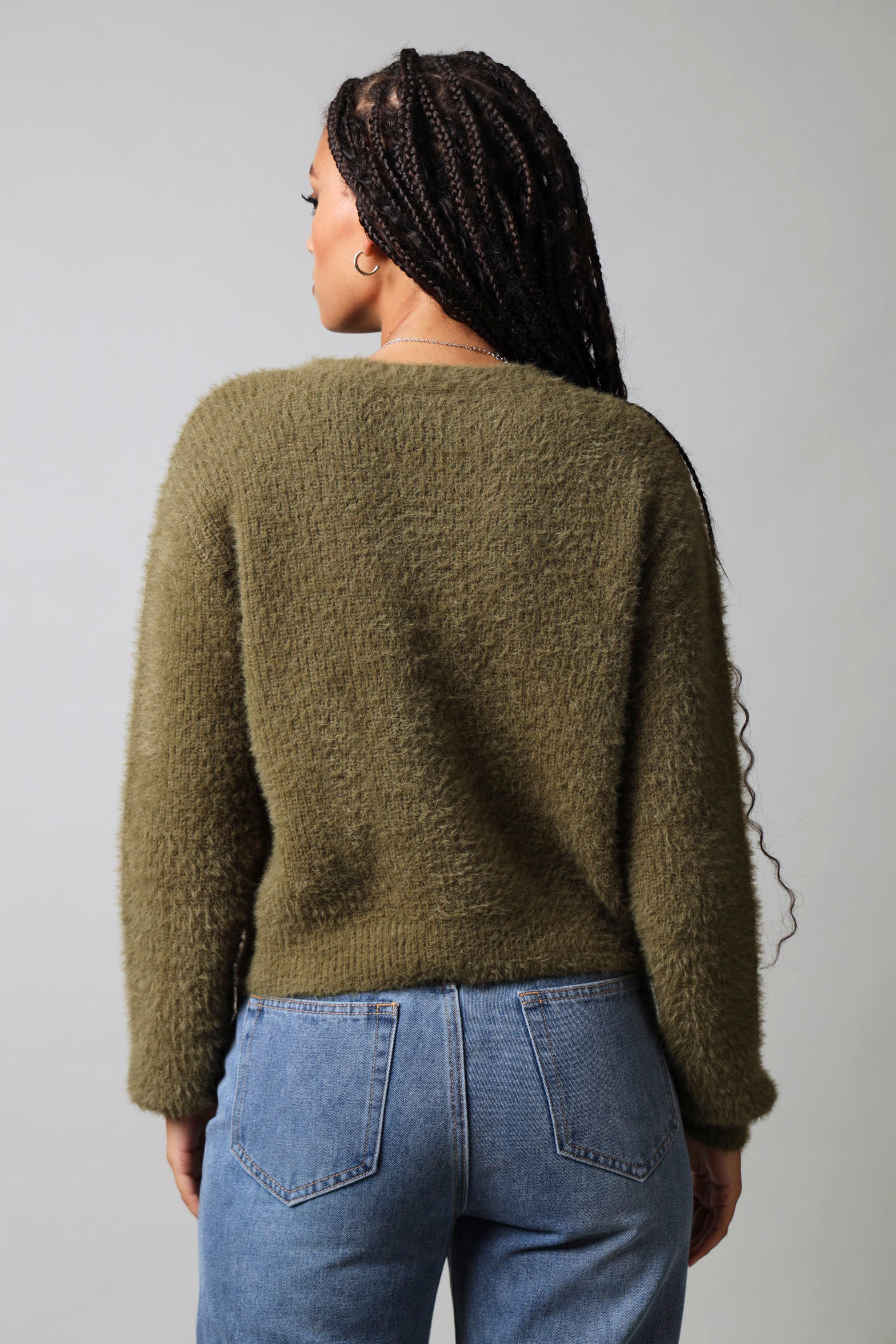 Long sleeve Fluffy Diamante Trim Cardigan - Fatigue - Image 5