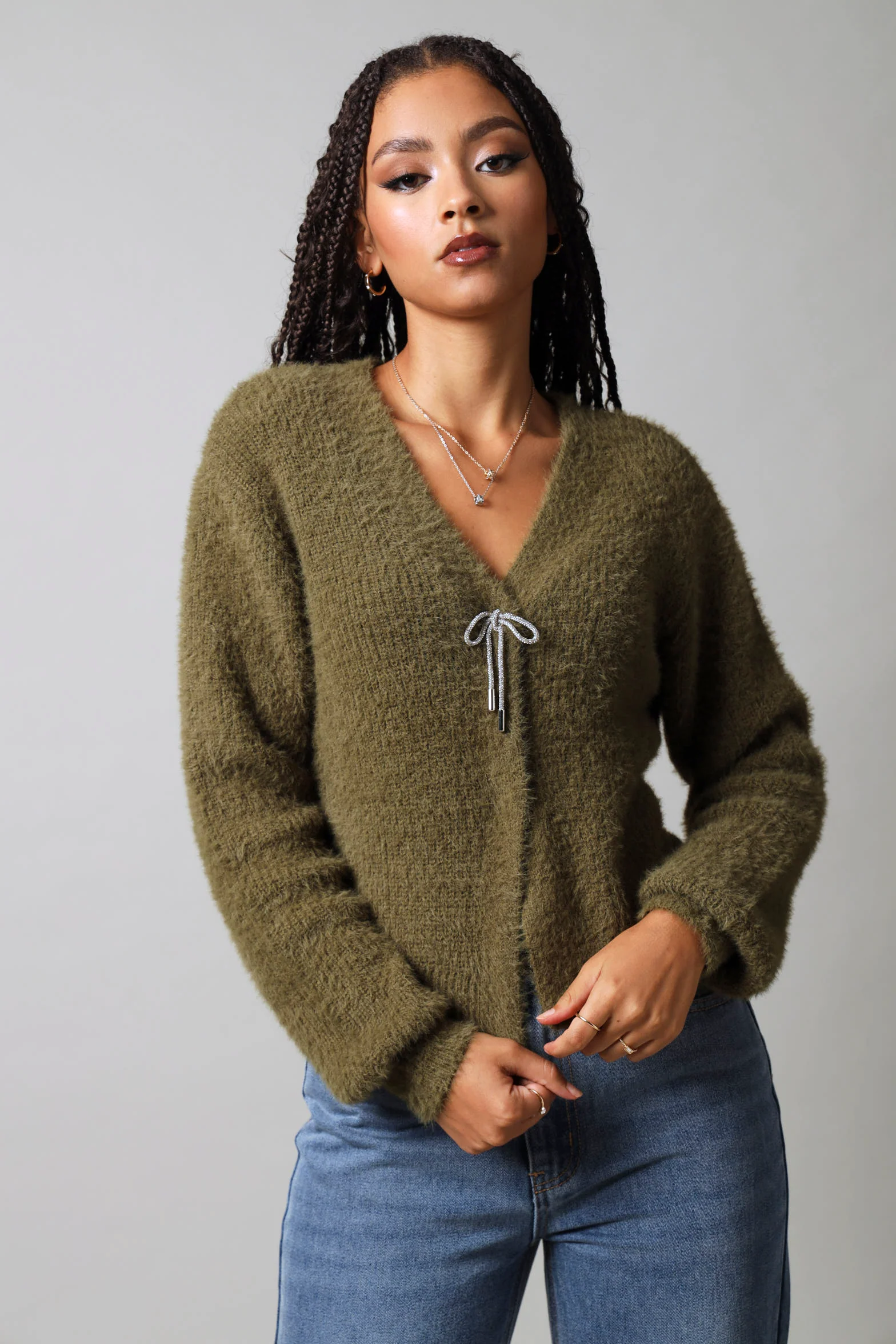 Long sleeve Fluffy Diamante Trim Cardigan - Fatigue - Image 7