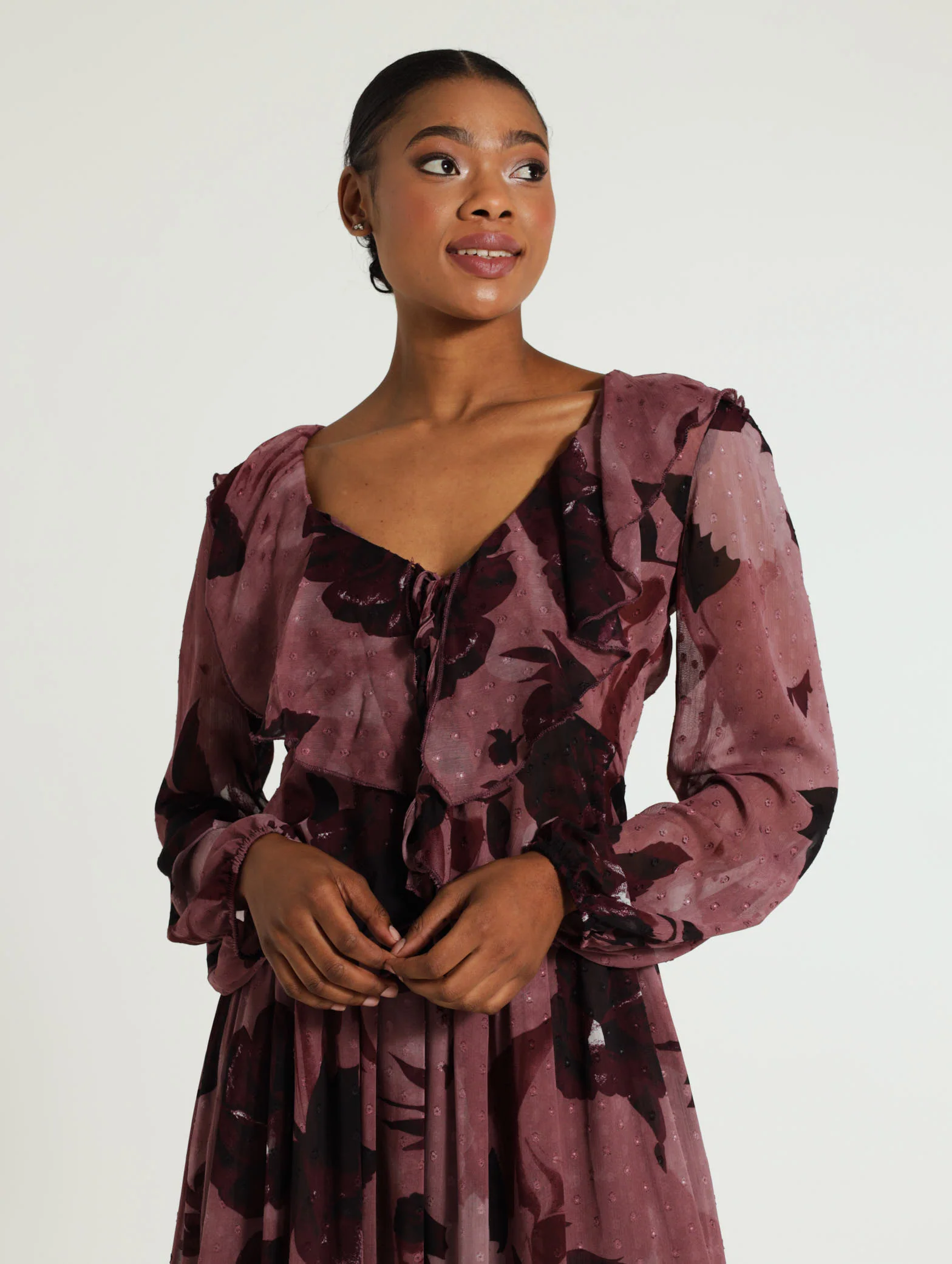 Long Sleeve Frill Floral Dobby Chiffon Blouse
