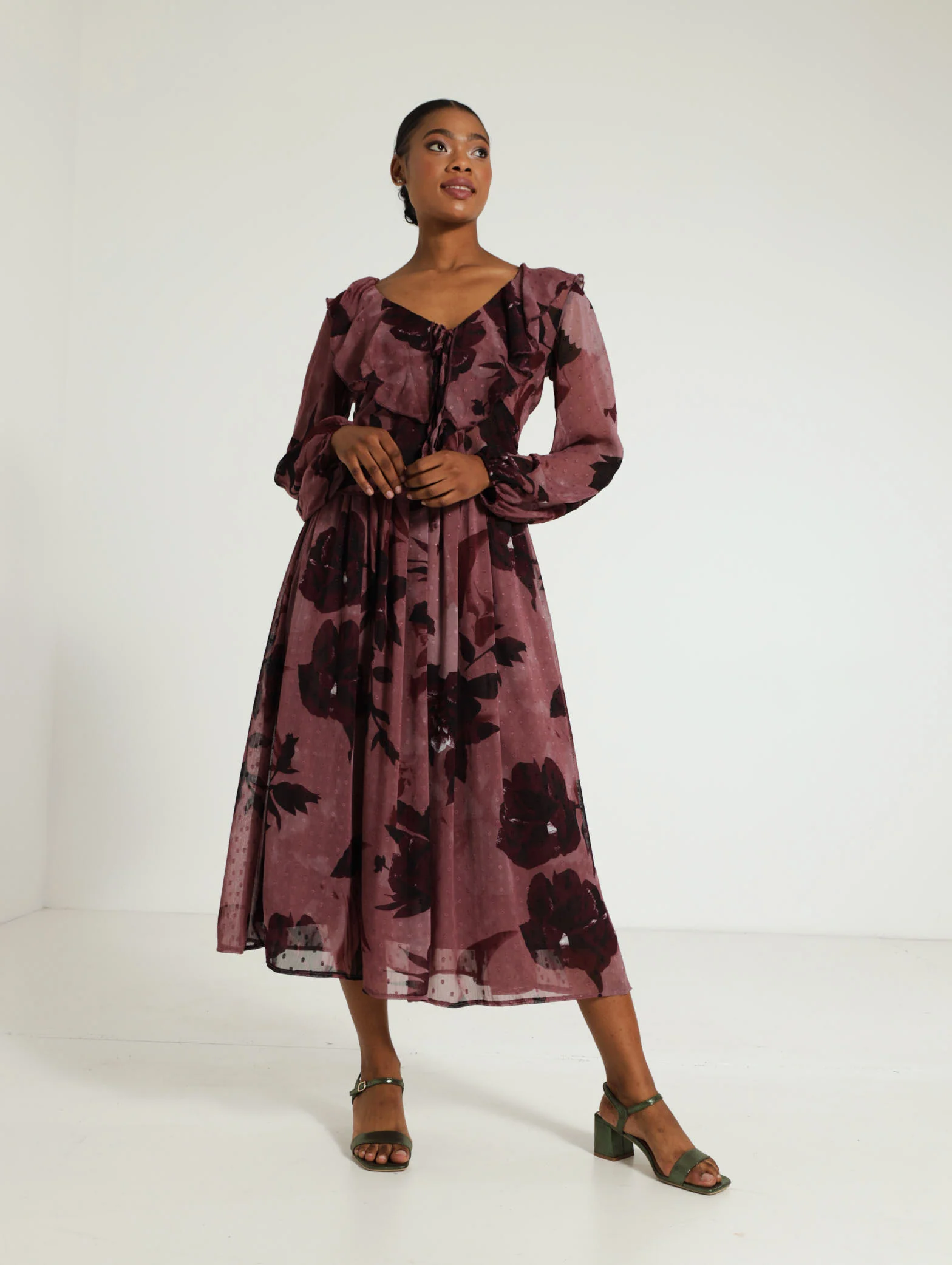 Long Sleeve Frill Floral Dobby Chiffon Blouse - Image 2