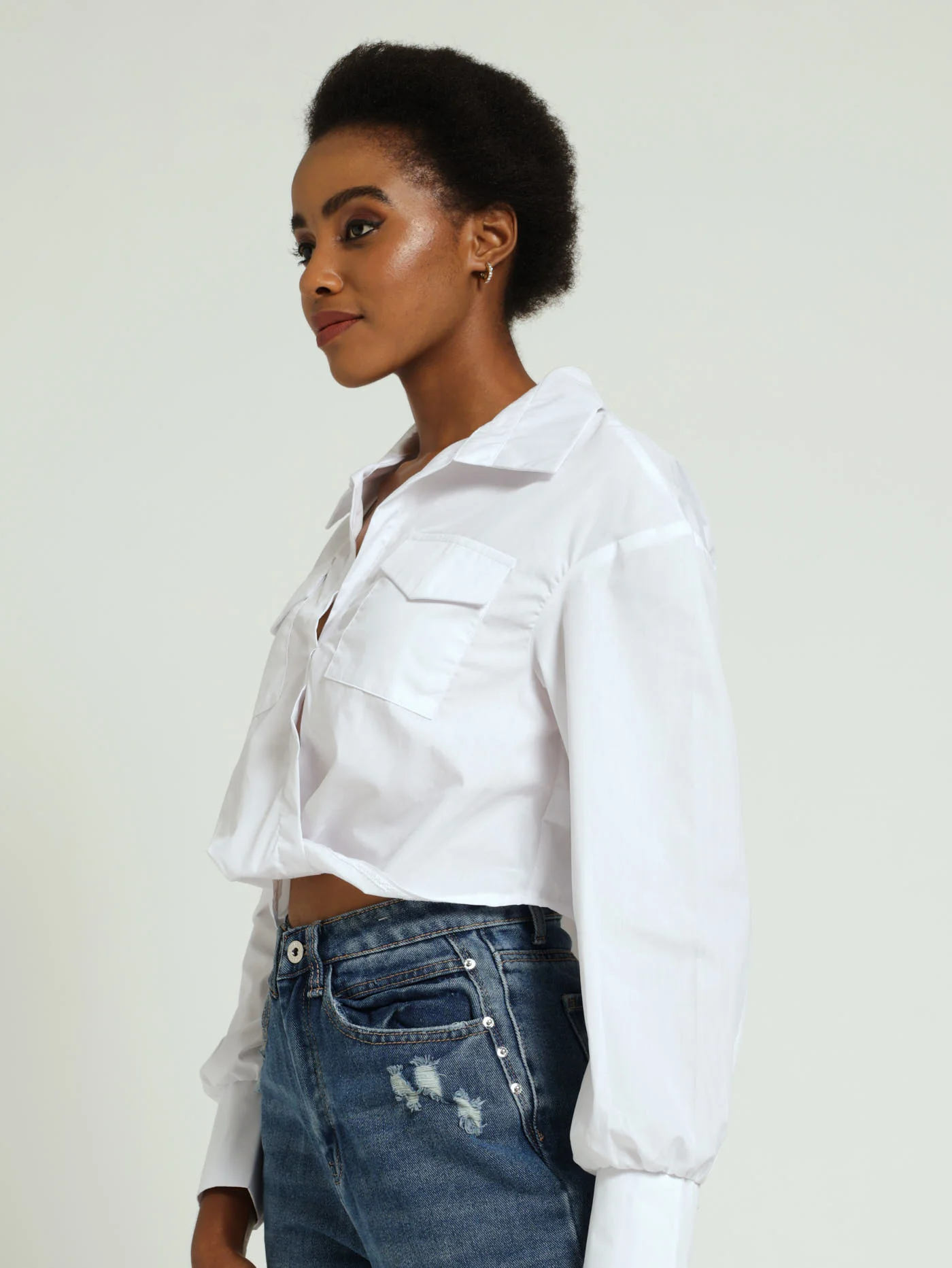 Long Sleeve Front Knot Utility Poplin Top - White - Image 2