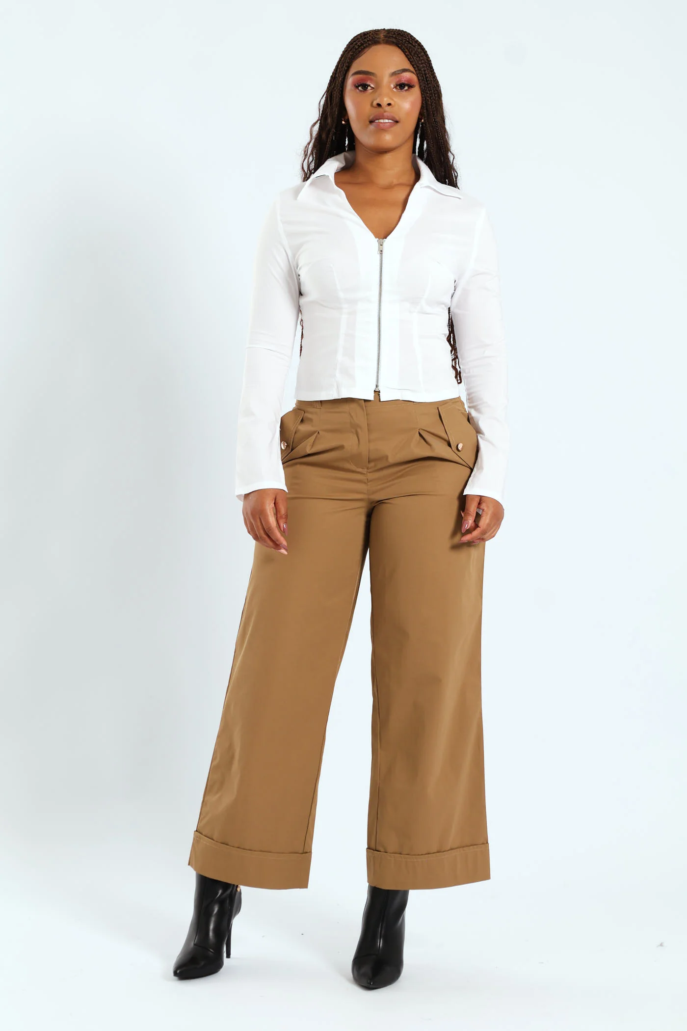 Long Sleeve Front Zip Corset Poplin Shirt - White - Image 6