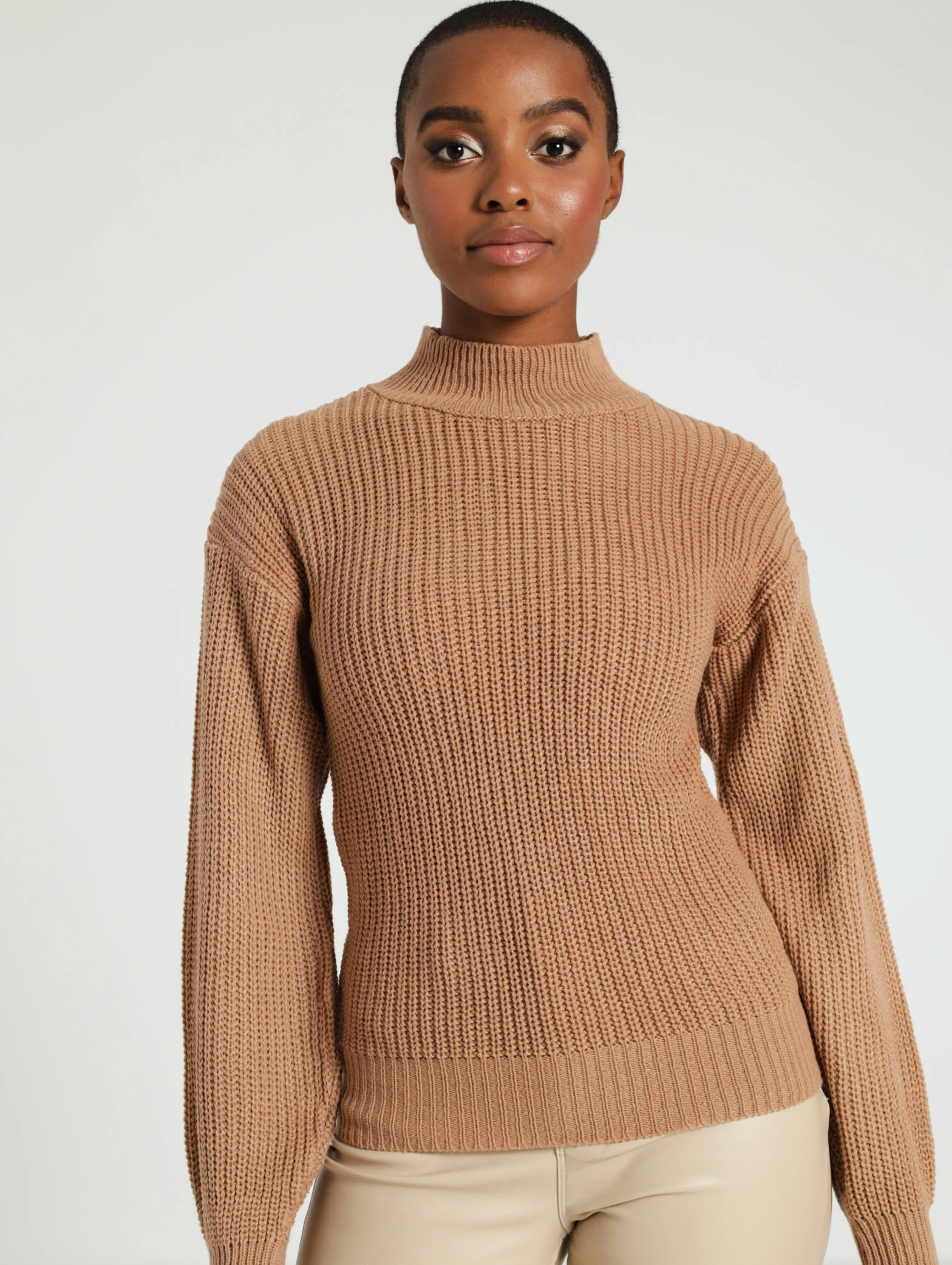 Long Sleeve Funnel Neck Chunky Ribbed Pullover